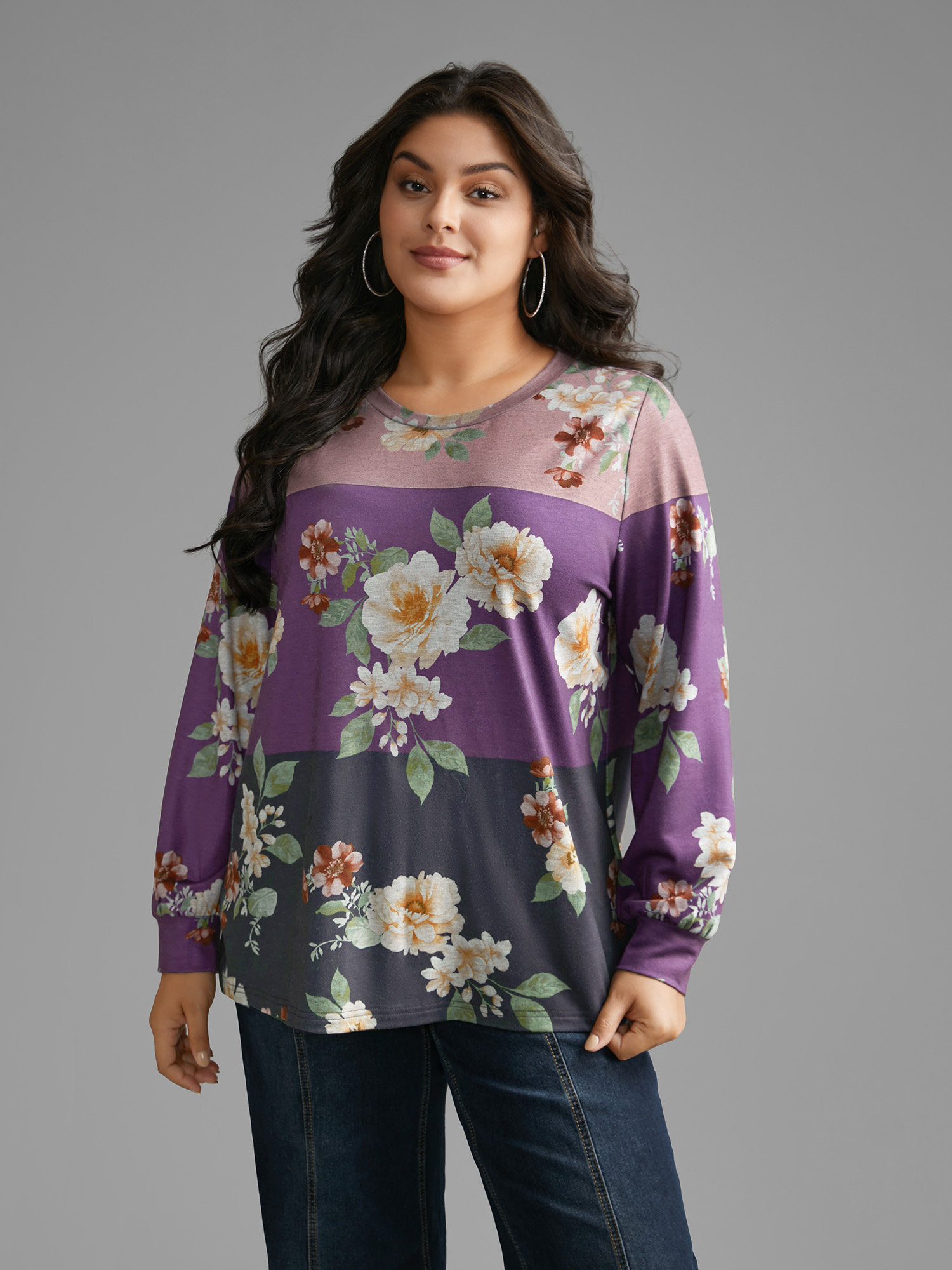 Plus Size Natural Flowers Contrast Round Neck Sweatshirt Women Multicolor Casual Contrast Loose Round Neck Everyday Sweatshirts BloomChic 30/6X 