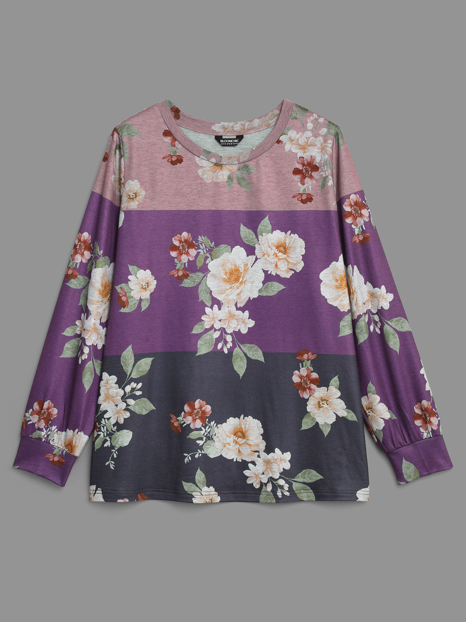 Plus Size Natural Flowers Contrast Round Neck Sweatshirt Women Multicolor Casual Contrast Loose Round Neck Everyday Sweatshirts BloomChic 30/6X 