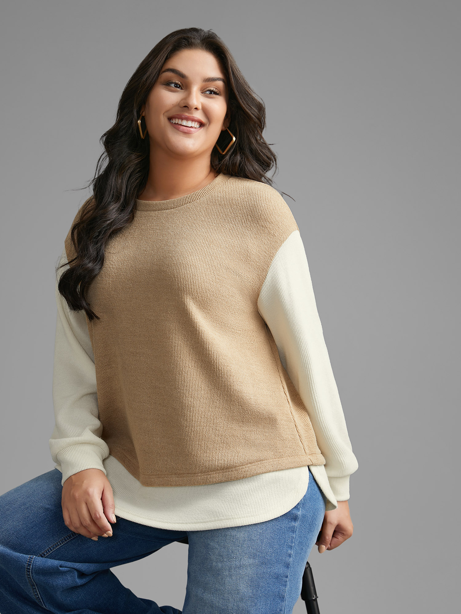 

Plus Size 2-In-1 Round Neck Sweatshirt Women Wheat Casual Contrast Round Neck Everyday Sweatshirts BloomChic