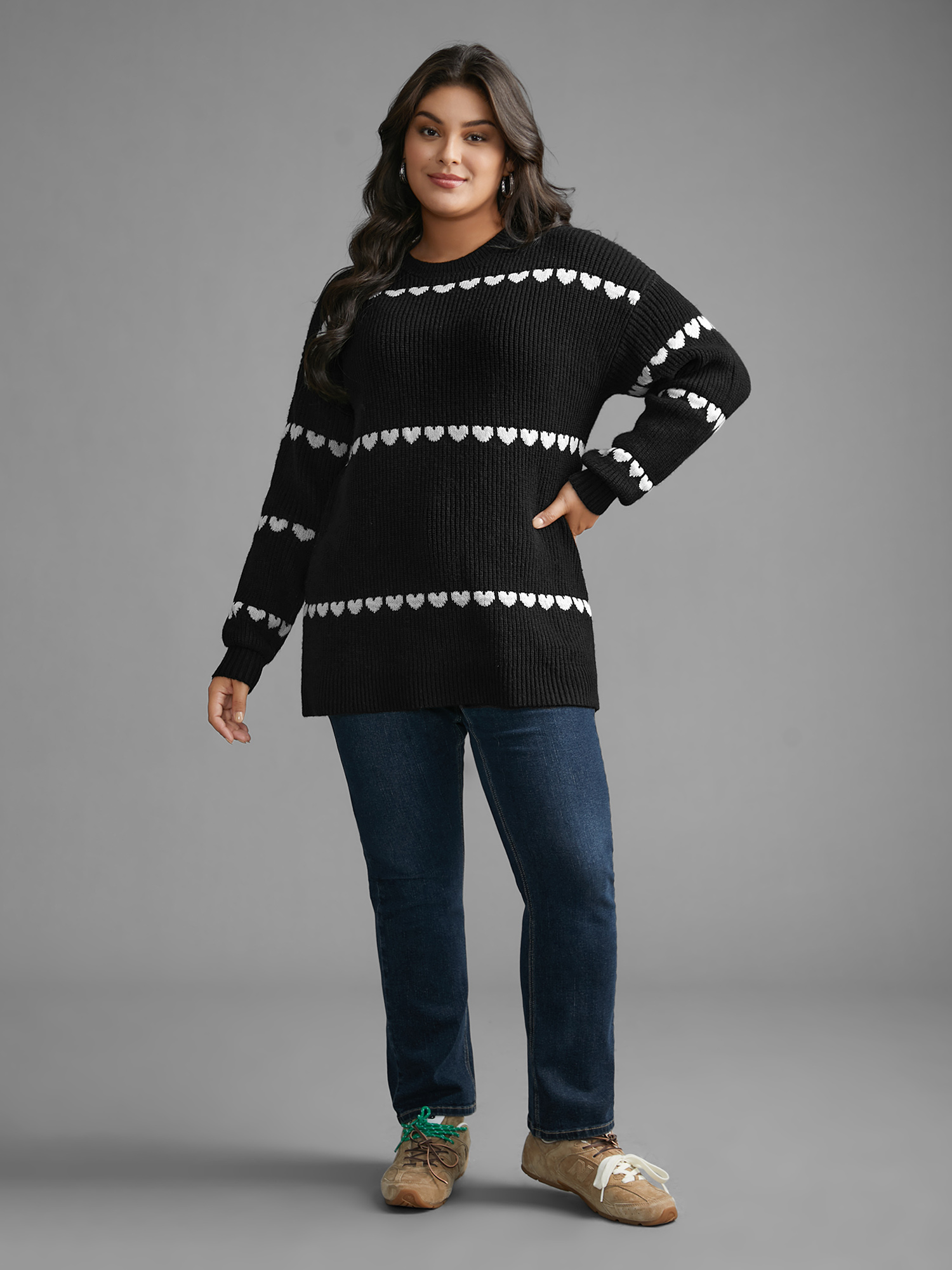 

Plus Size Supersoft Essentials Heart Jacquard Pullover Black Women Casual Loose Long Sleeve Round Neck Everyday Pullovers BloomChic