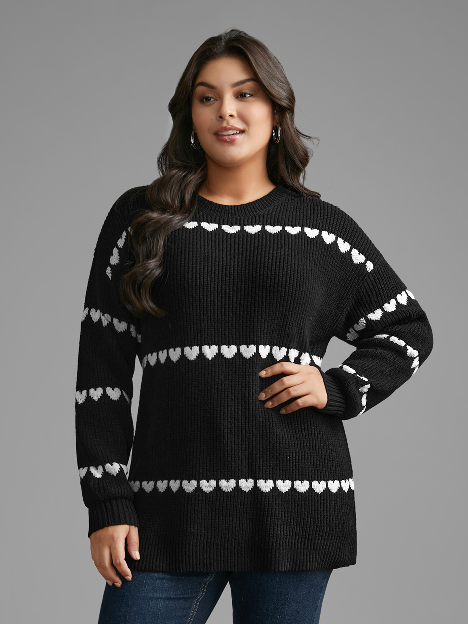 

Plus Size Supersoft Essentials Heart Jacquard Pullover Black Women Casual Loose Long Sleeve Round Neck Everyday Pullovers BloomChic