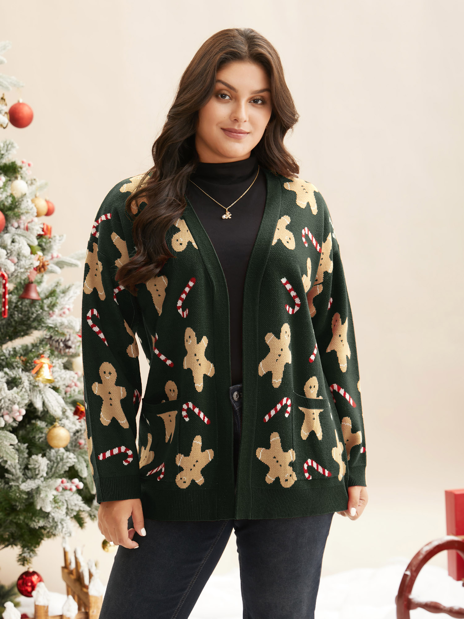 

Plus Size Gingerbread & Candycane Shimmering Threads Cardigan DarkGreen Women Casual Loose Long Sleeve Everyday Cardigans BloomChic