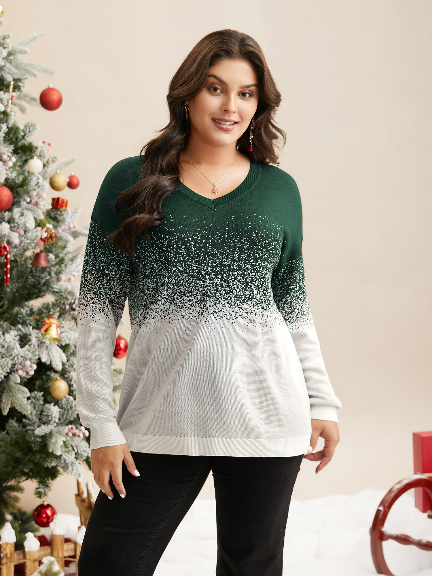 

Plus Size Holiday Gradient Jacquard Pattern V-neck Pullover DarkGreen Women Casual Loose Long Sleeve V-neck Everyday Pullovers BloomChic