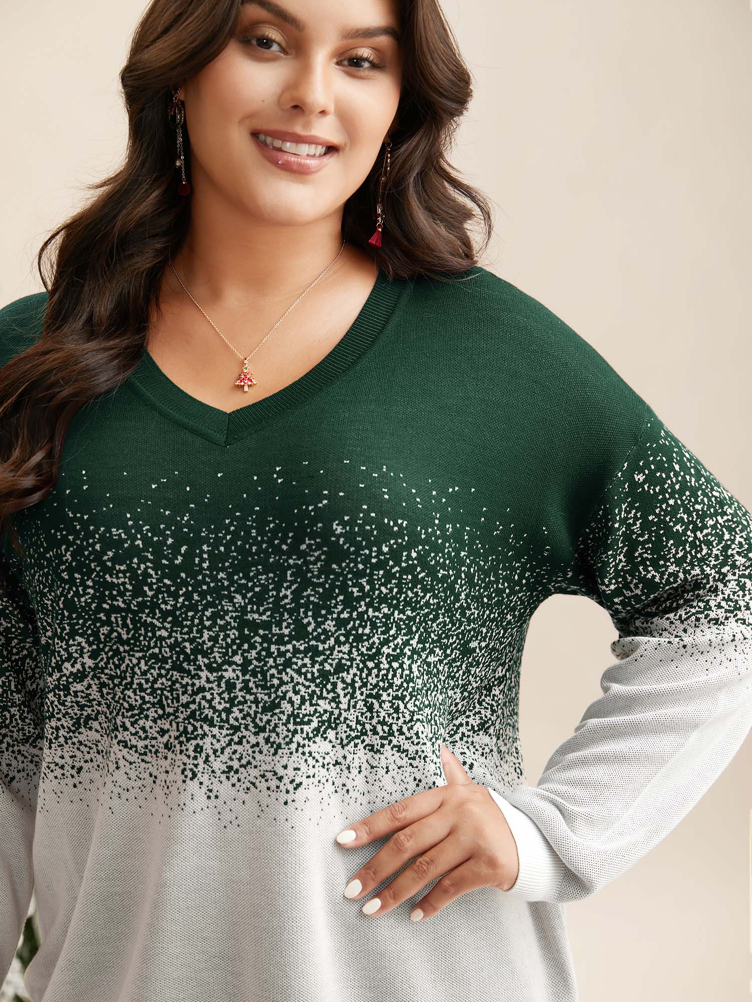 

Plus Size Holiday Gradient Jacquard Pattern V-neck Pullover DarkGreen Women Casual Loose Long Sleeve V-neck Everyday Pullovers BloomChic