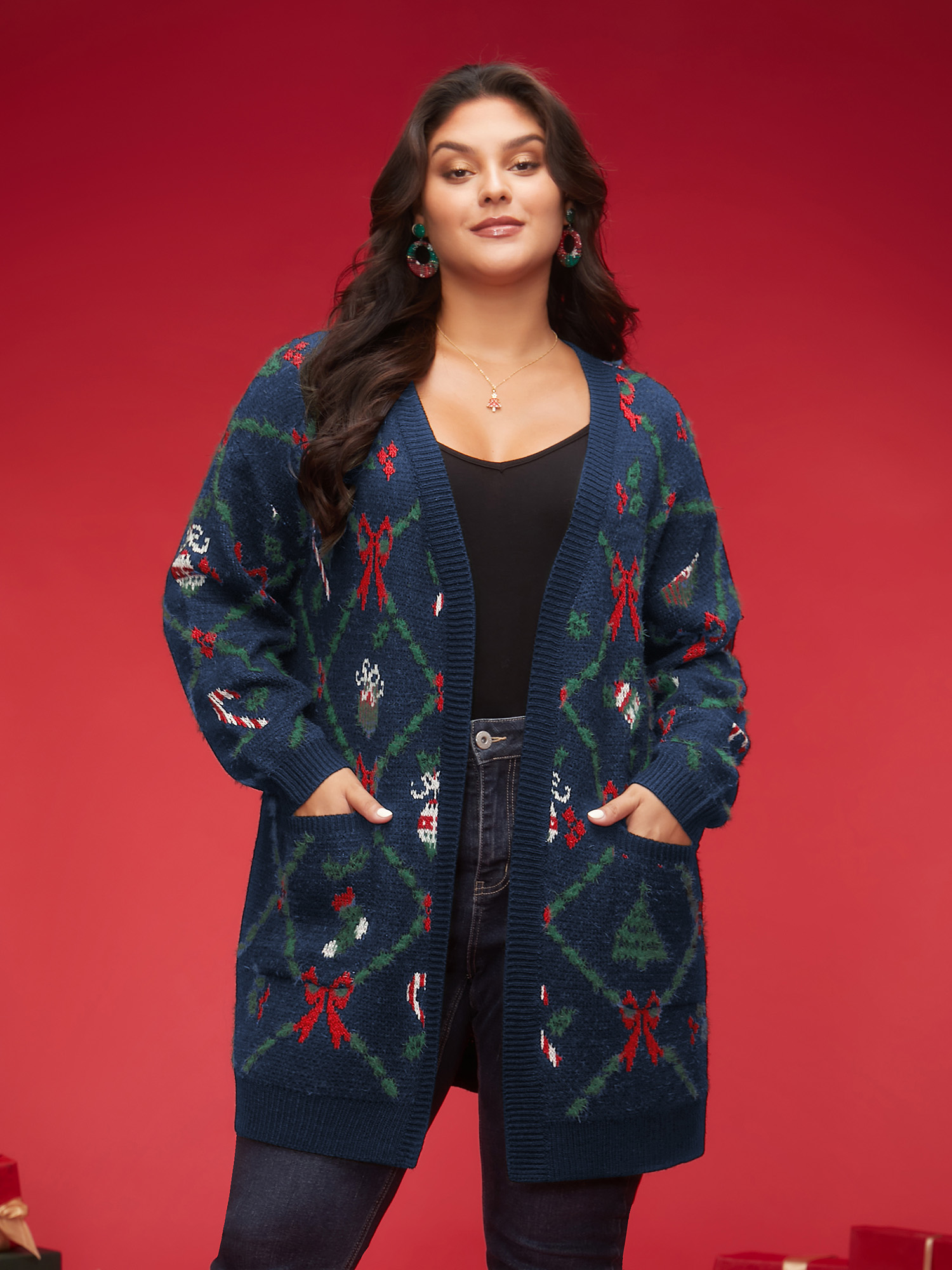 

Plus Size Festive Plaid Pattern Open-Front Cardigan Navy Women Casual Loose Long Sleeve Everyday Cardigans BloomChic