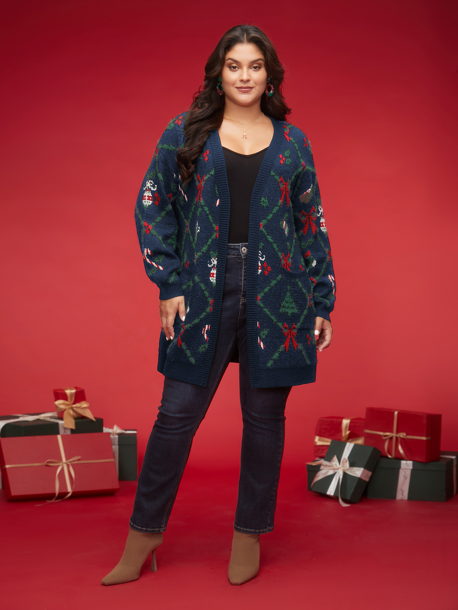 Plus Size Festive Plaid Pattern Open-Front Cardigan Navy Women Casual Loose Long Sleeve Everyday Cardigans BloomChic 14-16/1X 