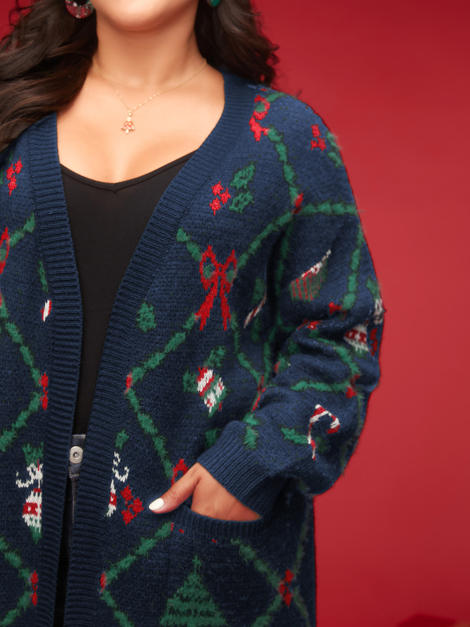 Plus Size Festive Plaid Pattern Open-Front Cardigan Navy Women Casual Loose Long Sleeve Everyday Cardigans BloomChic 14-16/1X 