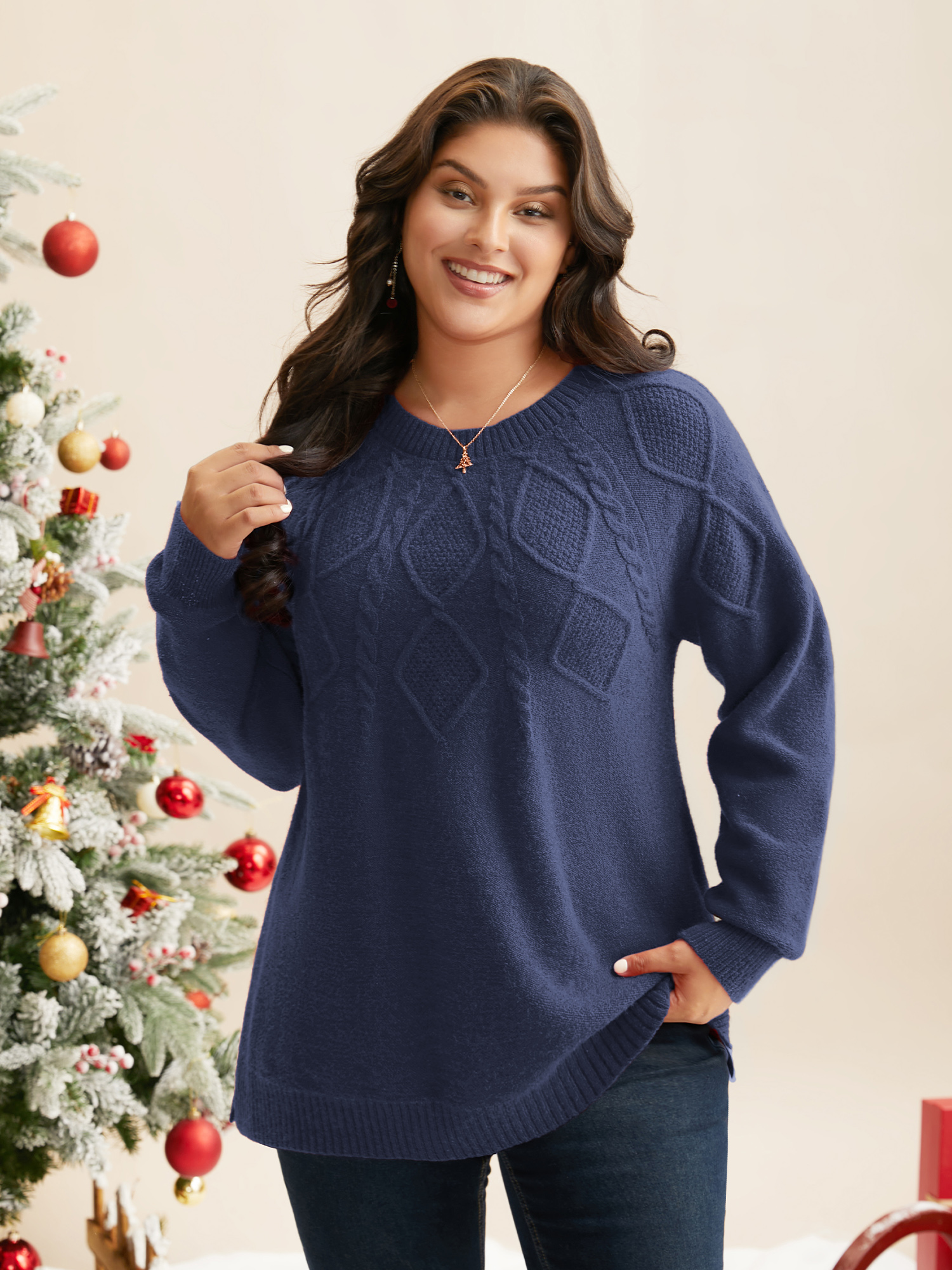 

Plus Size Cable Knit Bodice Crew-Neck Pullover Indigo Women Casual Loose Long Sleeve Round Neck Everyday Pullovers BloomChic