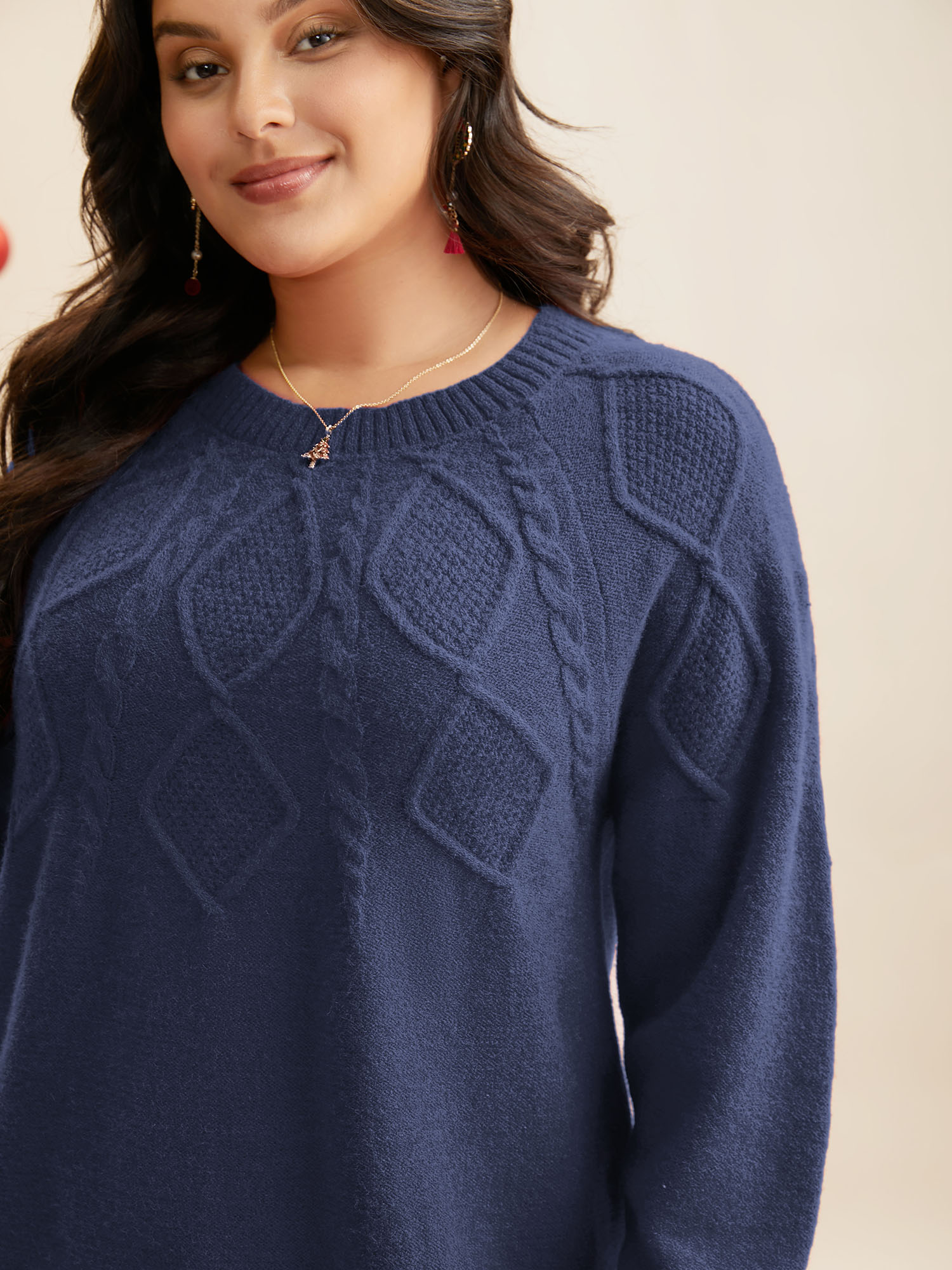 

Plus Size Cable Knit Bodice Crew-Neck Pullover Indigo Women Casual Loose Long Sleeve Round Neck Everyday Pullovers BloomChic