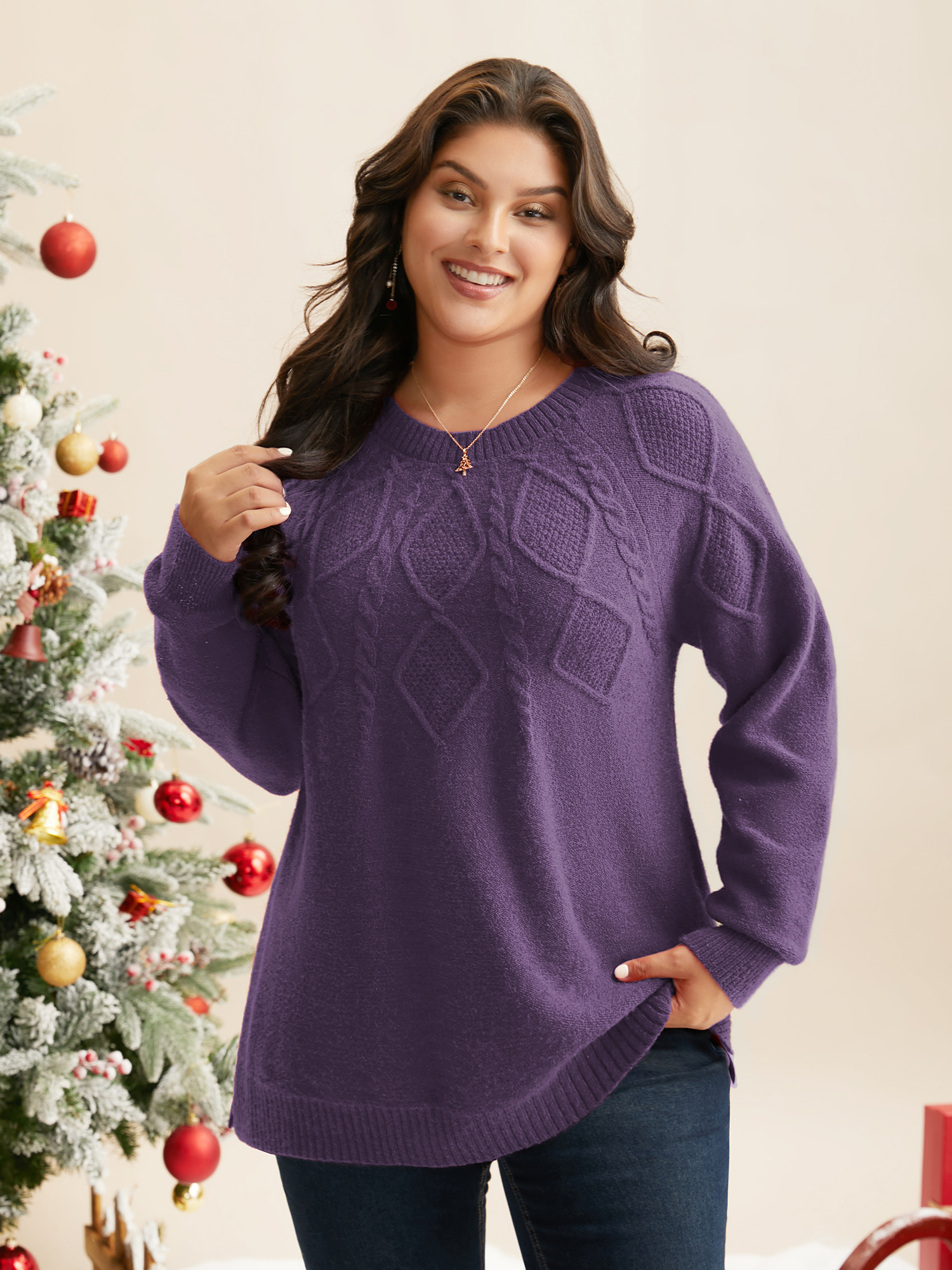 

Plus Size Cable Knit Bodice Crew-Neck Pullover Mauve Women Casual Loose Long Sleeve Round Neck Everyday Pullovers BloomChic