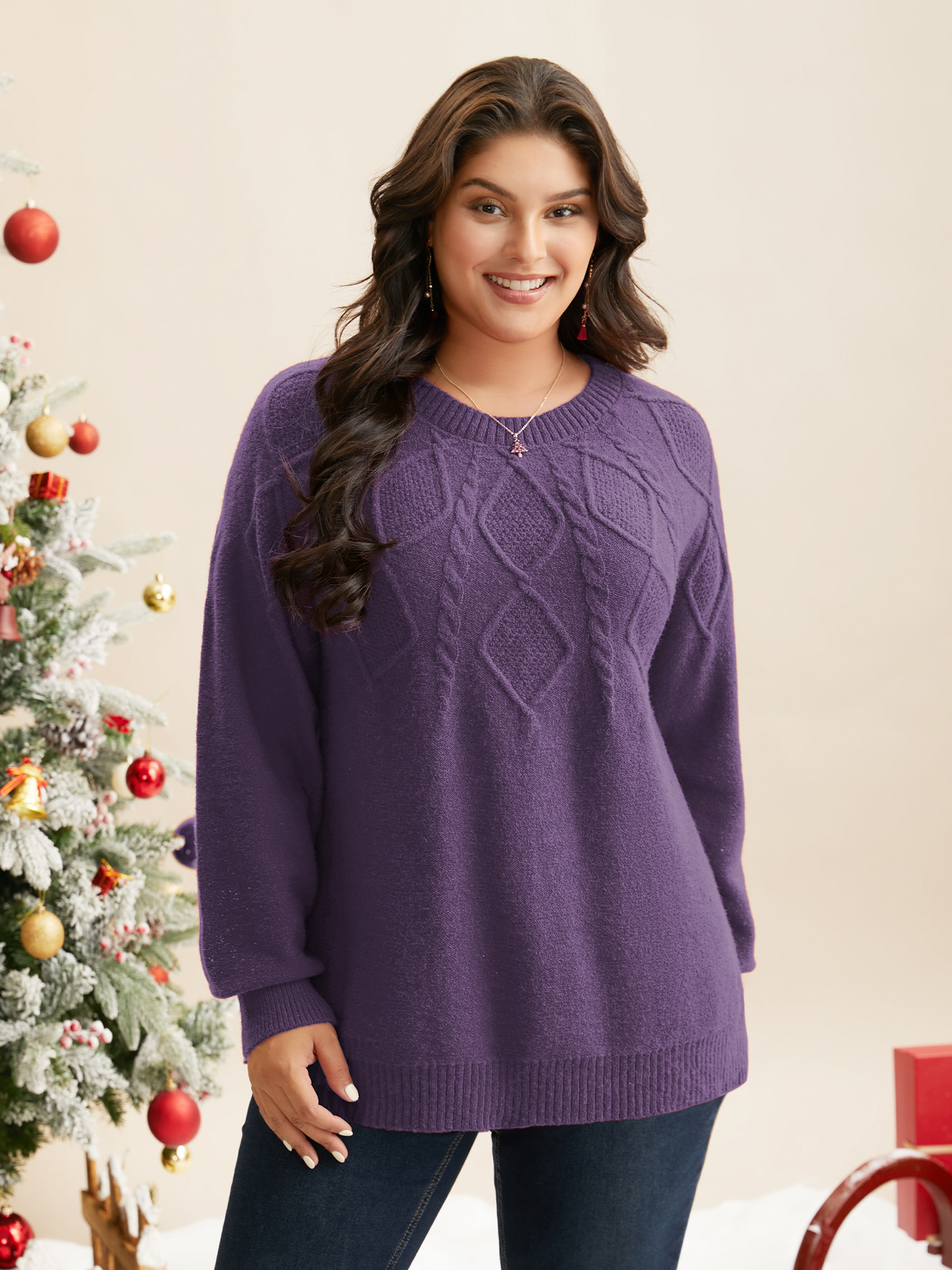 

Plus Size Cable Knit Bodice Crew-Neck Pullover Mauve Women Casual Loose Long Sleeve Round Neck Everyday Pullovers BloomChic