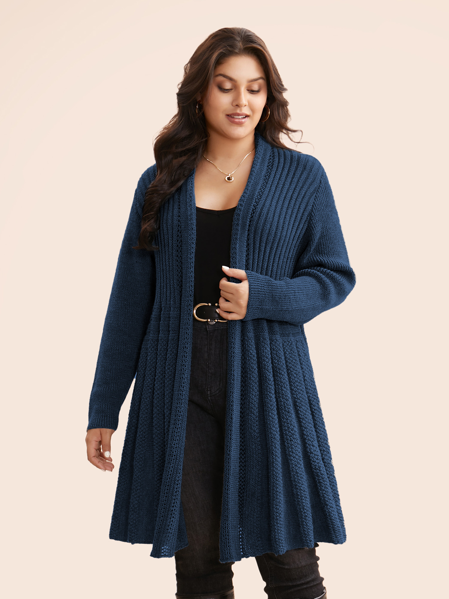 

Plus Size Plain Textured Kimono Collar Cardigan Indigo Women Casual Loose Long Sleeve Everyday Cardigans BloomChic