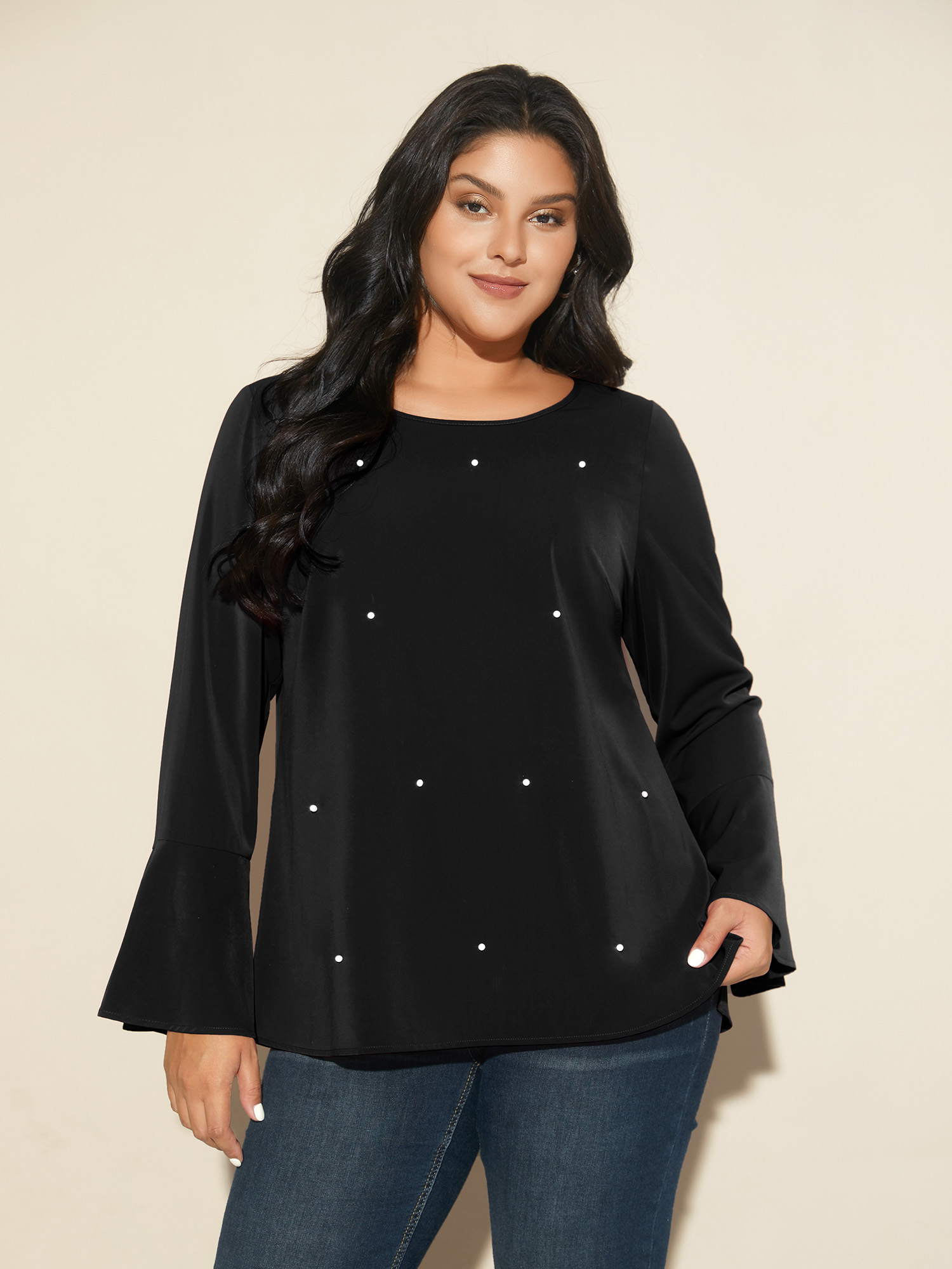 

Plus Size Black Beaded Embellished Bell Sleeves Blouse Women Cocktail Long Sleeve Round Neck Party Blouses BloomChic