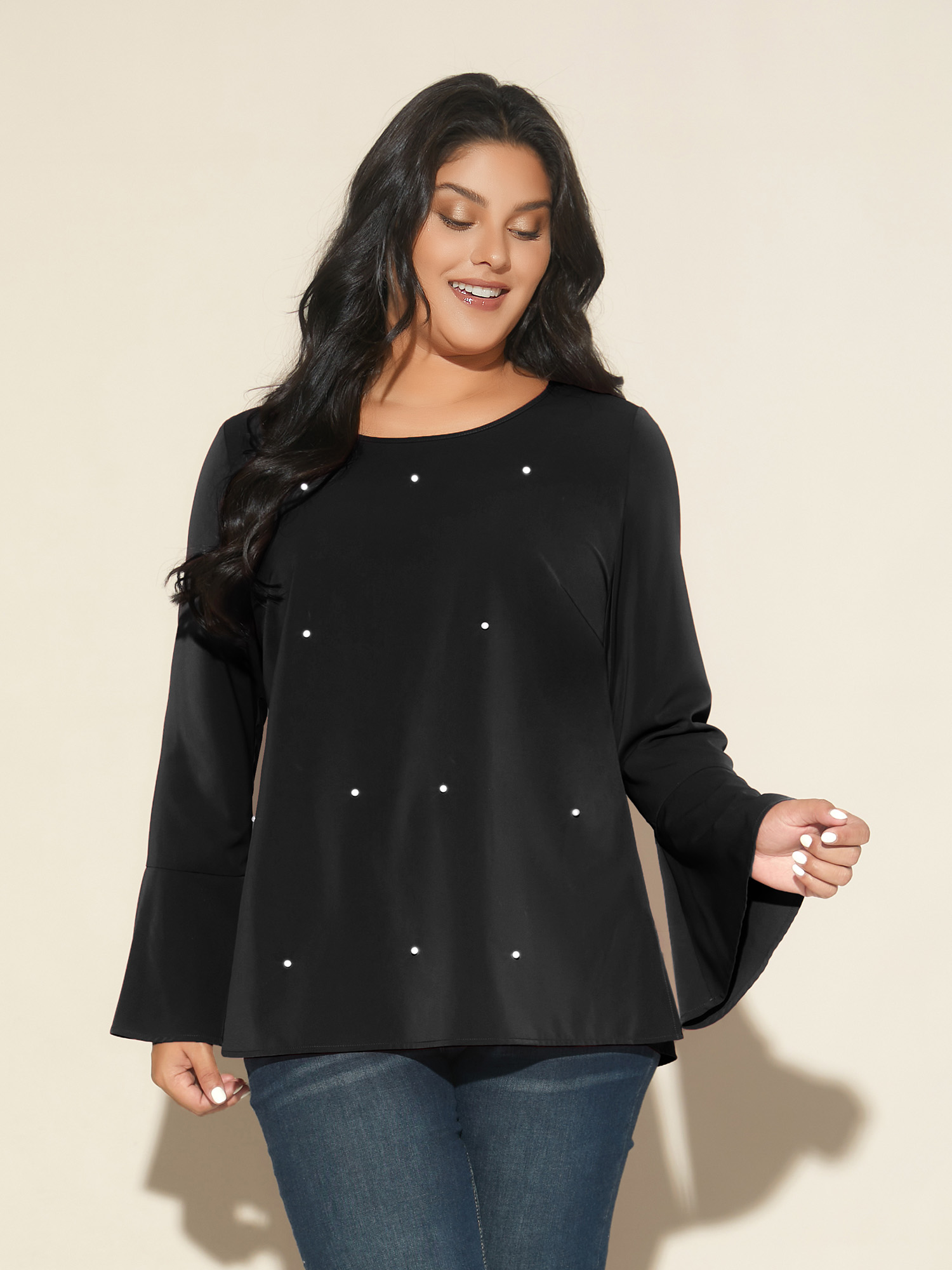 

Plus Size Black Beaded Embellished Bell Sleeves Blouse Women Cocktail Long Sleeve Round Neck Party Blouses BloomChic