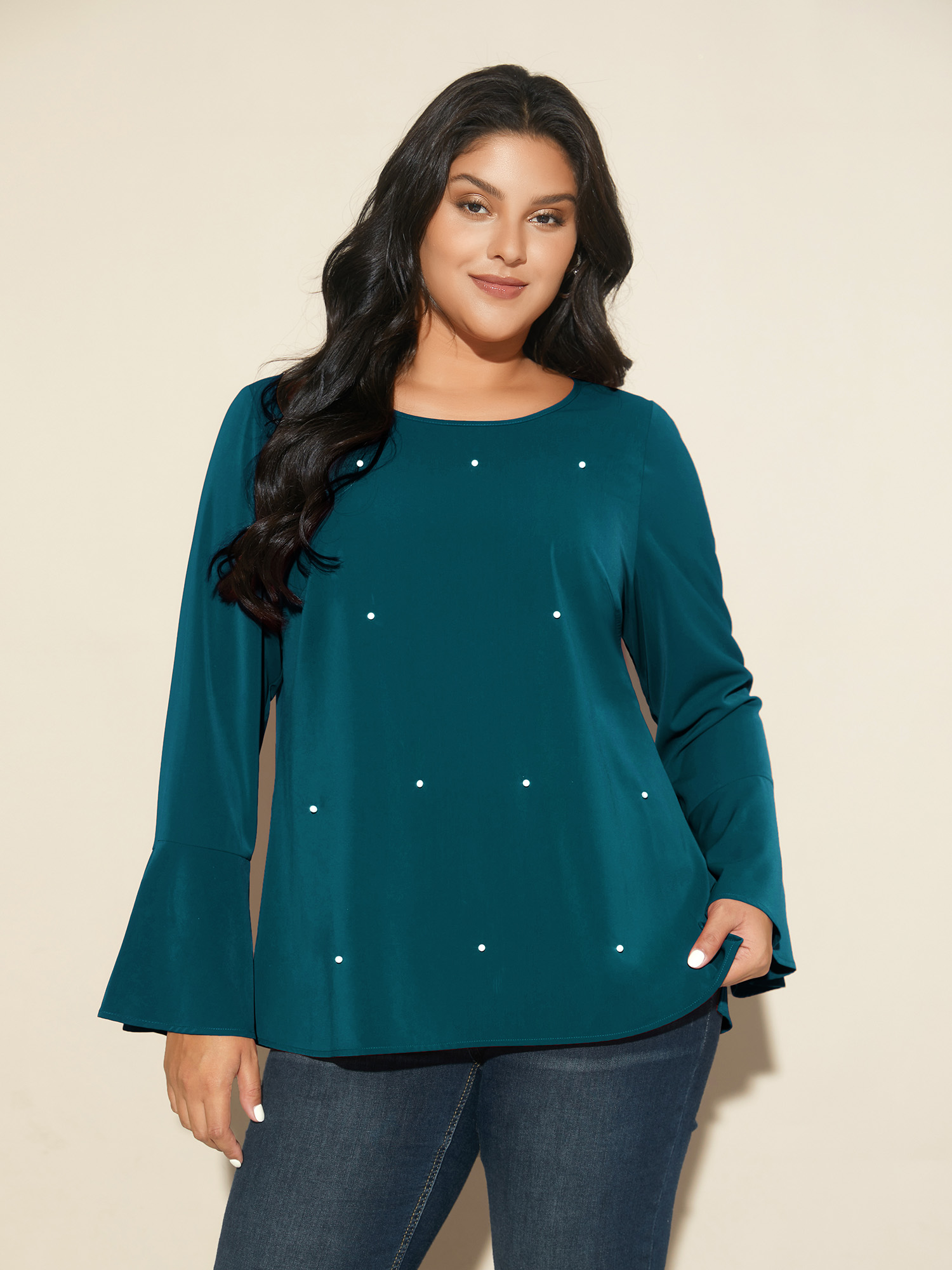 

Plus Size Cyan Beaded Embellished Bell Sleeves Blouse Women Cocktail Long Sleeve Round Neck Party Blouses BloomChic