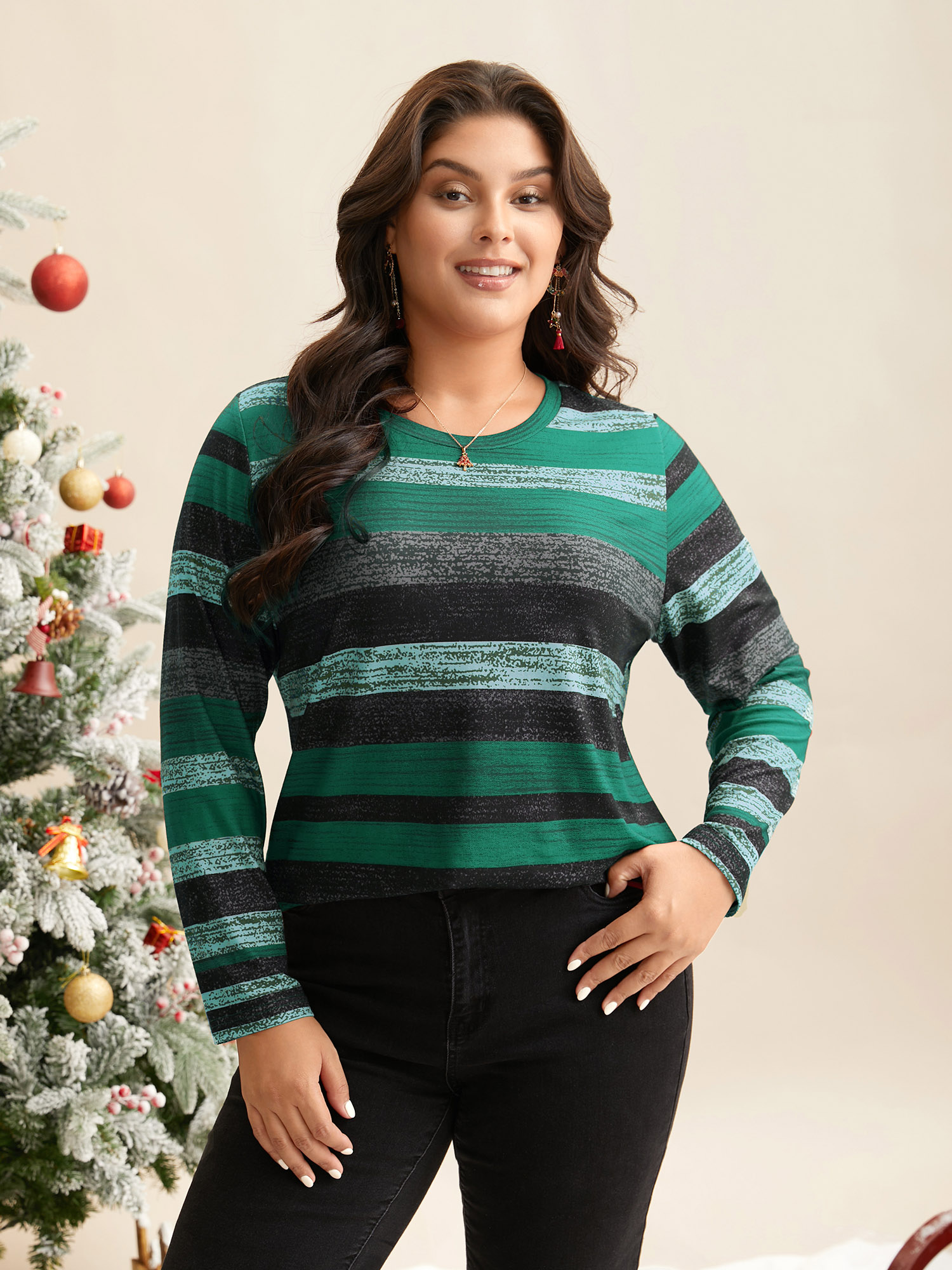 

Plus Size Holiday Colorful Striped Tee Truegreen Women Casual Contrast Round Neck Everyday T-shirts BloomChic