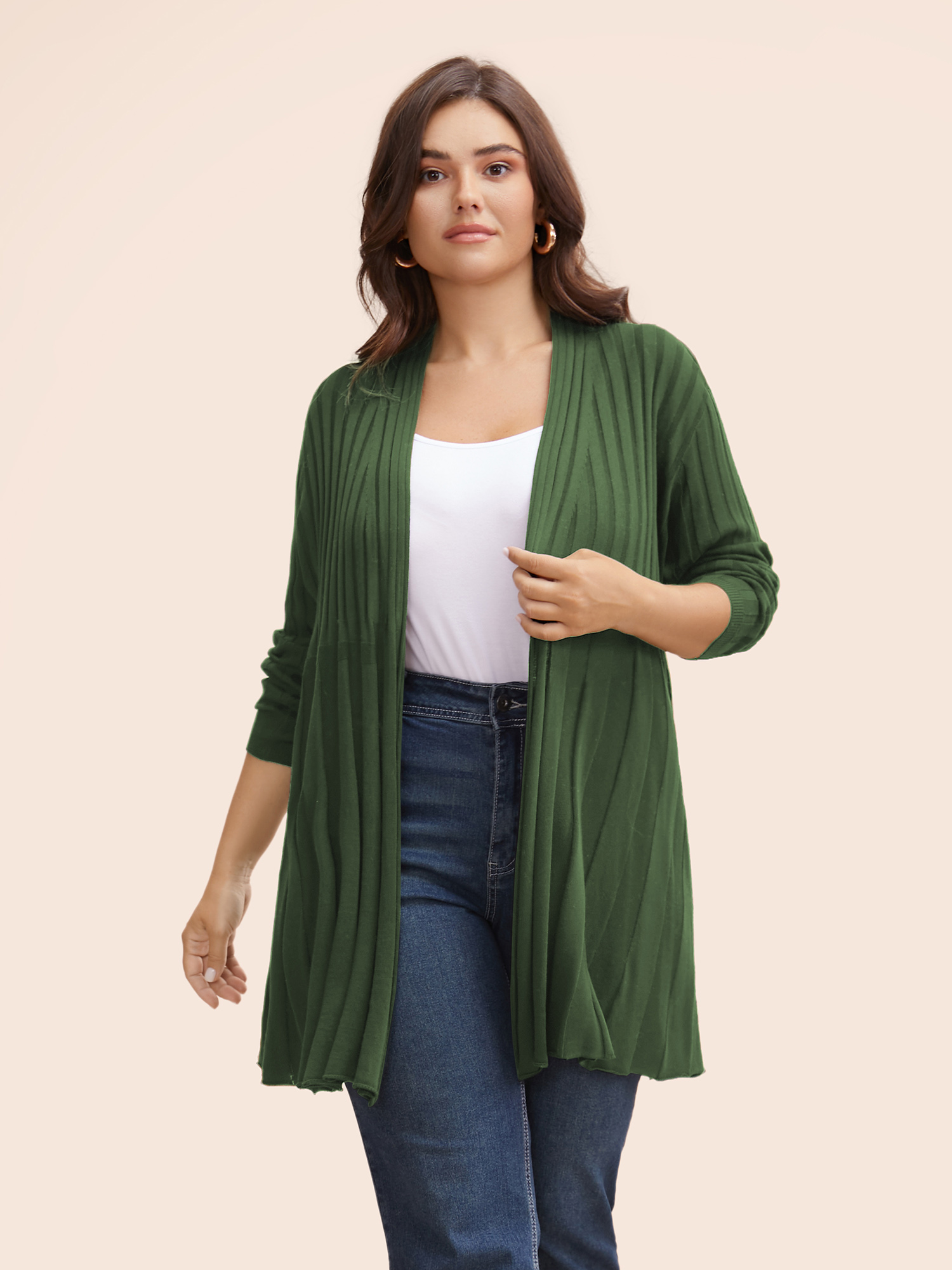 

Plus Size Plain Textured Kimono Collar Cardigan Moss Women Casual Loose Long Sleeve Everyday Cardigans BloomChic