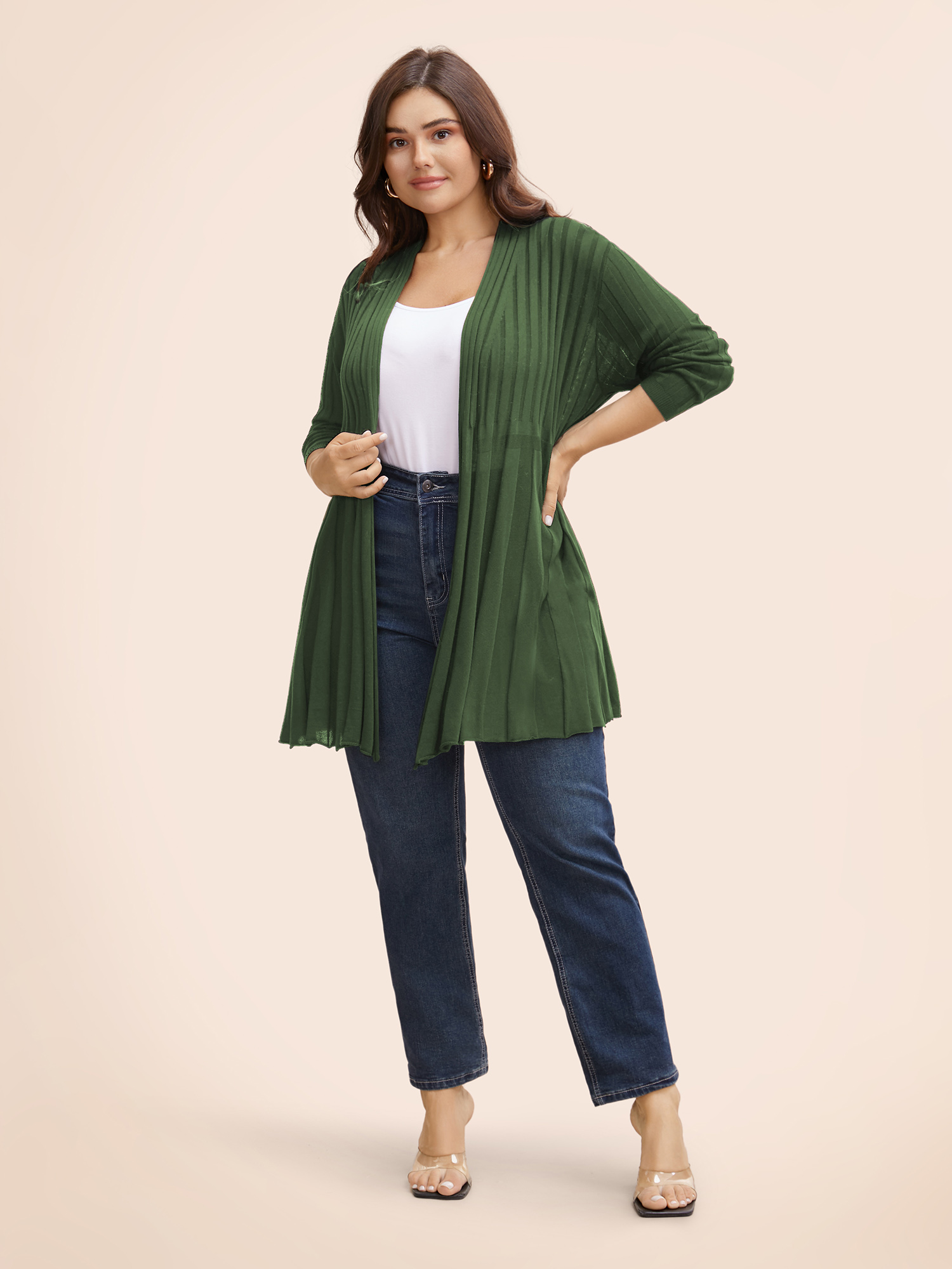 

Plus Size Plain Textured Kimono Collar Cardigan Moss Women Casual Loose Long Sleeve Everyday Cardigans BloomChic