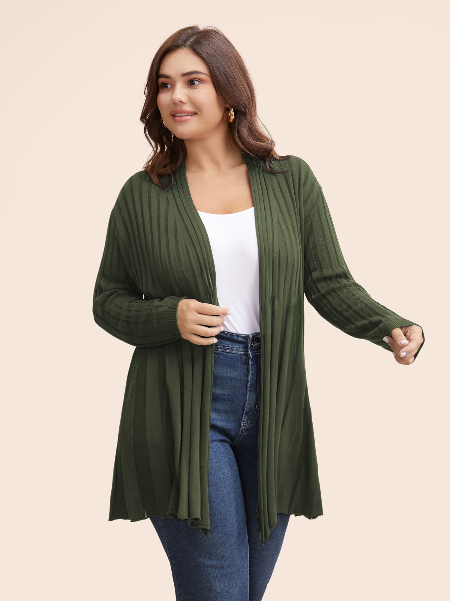 

Plus Size Plain Textured Kimono Collar Cardigan ArmyGreen Women Casual Loose Long Sleeve Everyday Cardigans BloomChic