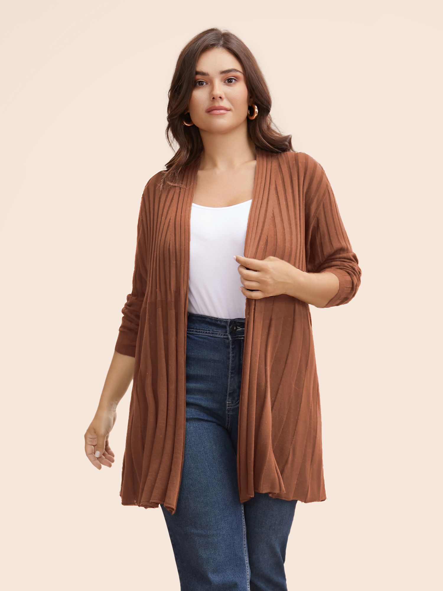 

Plus Size Plain Textured Kimono Collar Cardigan Browncoffeecolor Women Casual Loose Long Sleeve Everyday Cardigans BloomChic