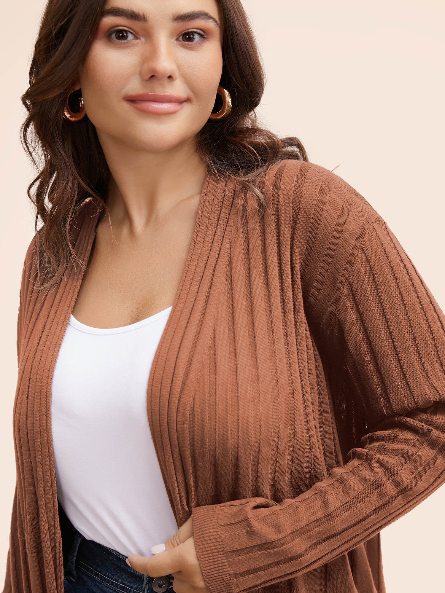 

Plus Size Plain Textured Kimono Collar Cardigan Browncoffeecolor Women Casual Loose Long Sleeve Everyday Cardigans BloomChic