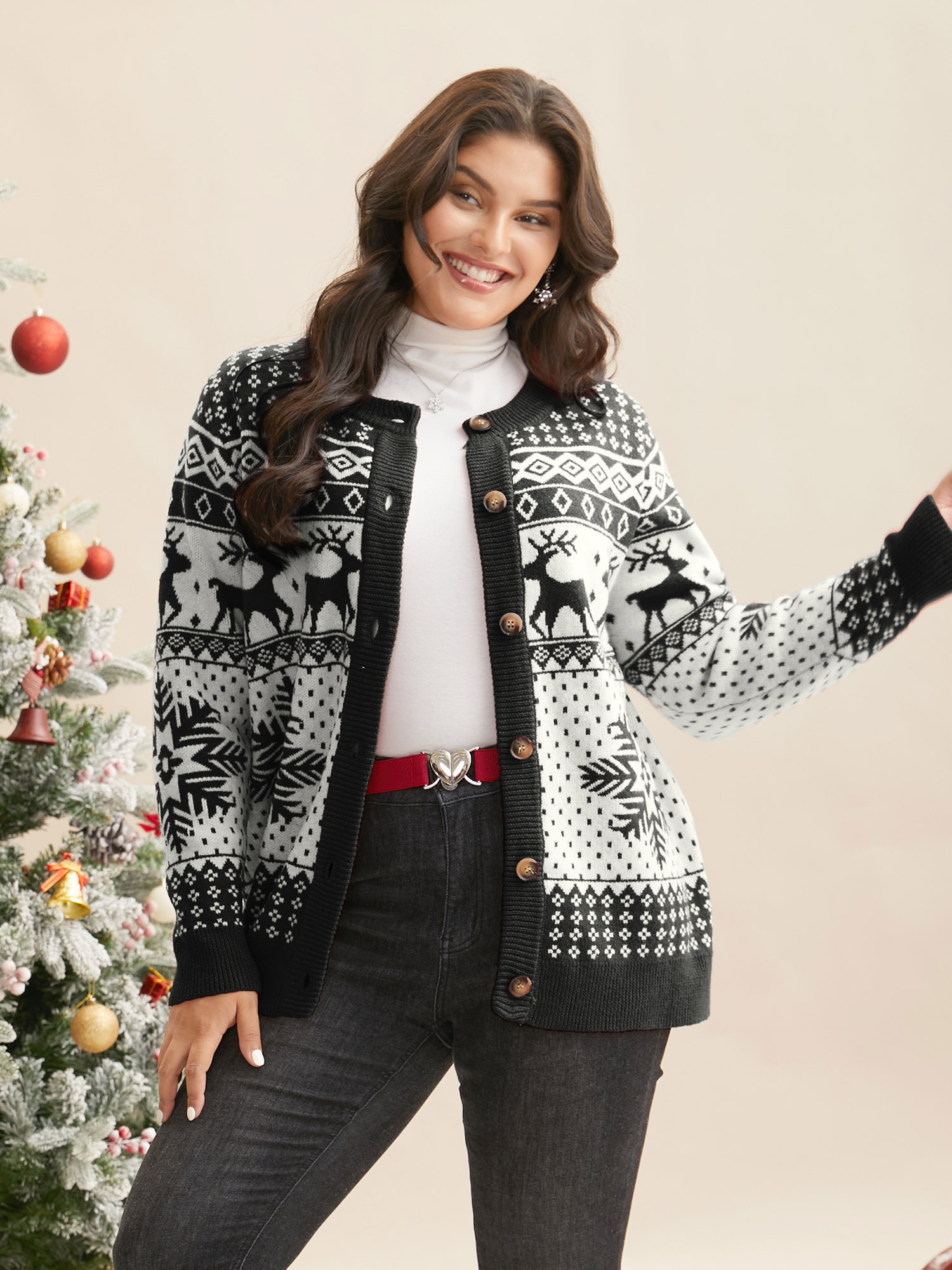 

Plus Size Reindeer And Snow Pattern Button-Front Cardigan Black Women Casual Loose Long Sleeve Everyday Cardigans BloomChic