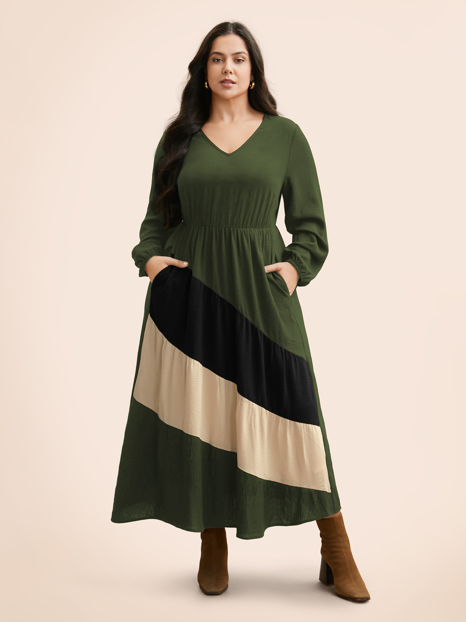 

Plus Size Colorblock Contrast Gathered Lantern Sleeve Dress ArmyGreen Women Elegant Contrast V-neck Long Sleeve Curvy BloomChic