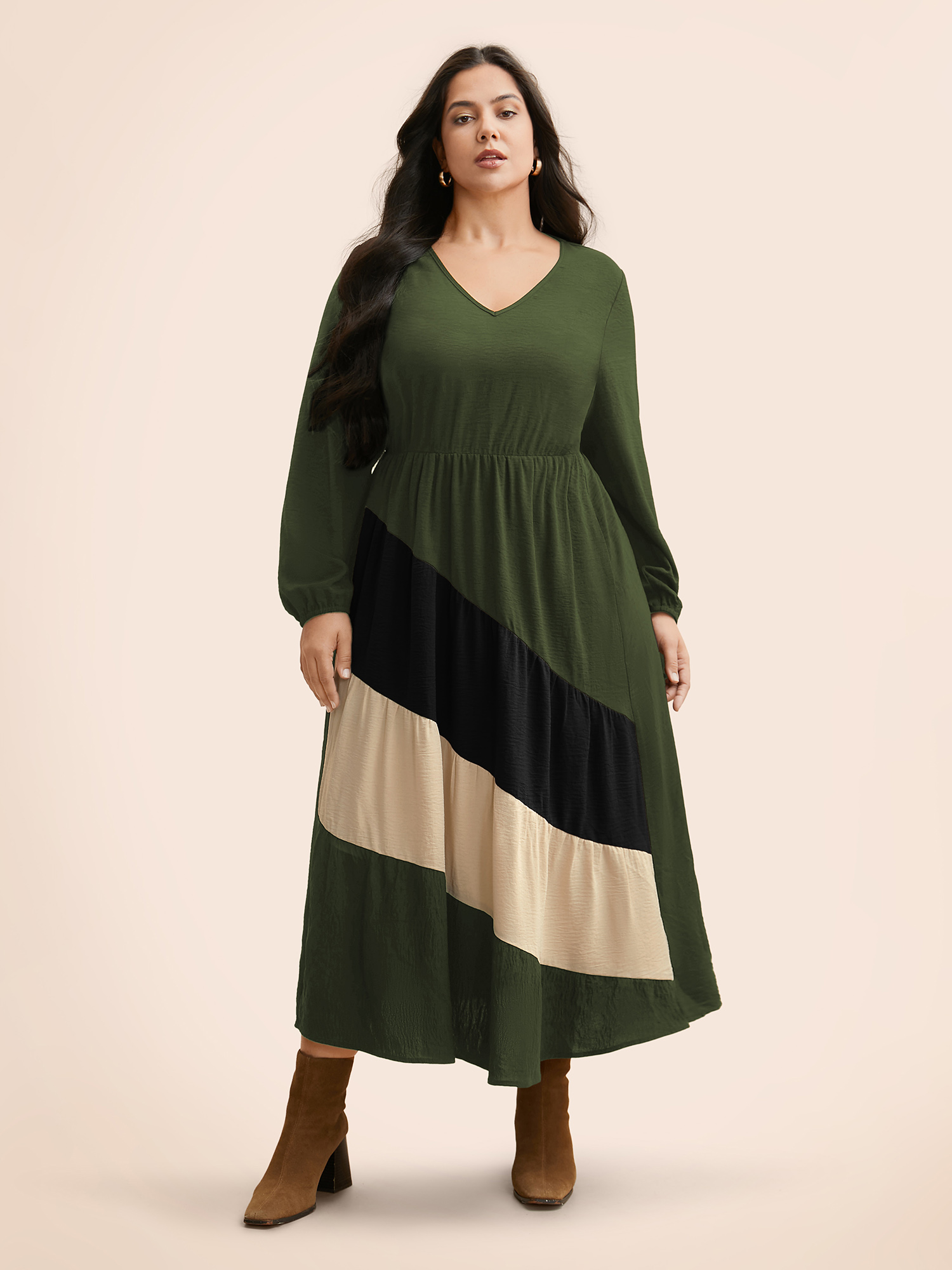 

Plus Size Colorblock Contrast Gathered Lantern Sleeve Dress ArmyGreen Women Elegant Contrast V-neck Long Sleeve Curvy BloomChic