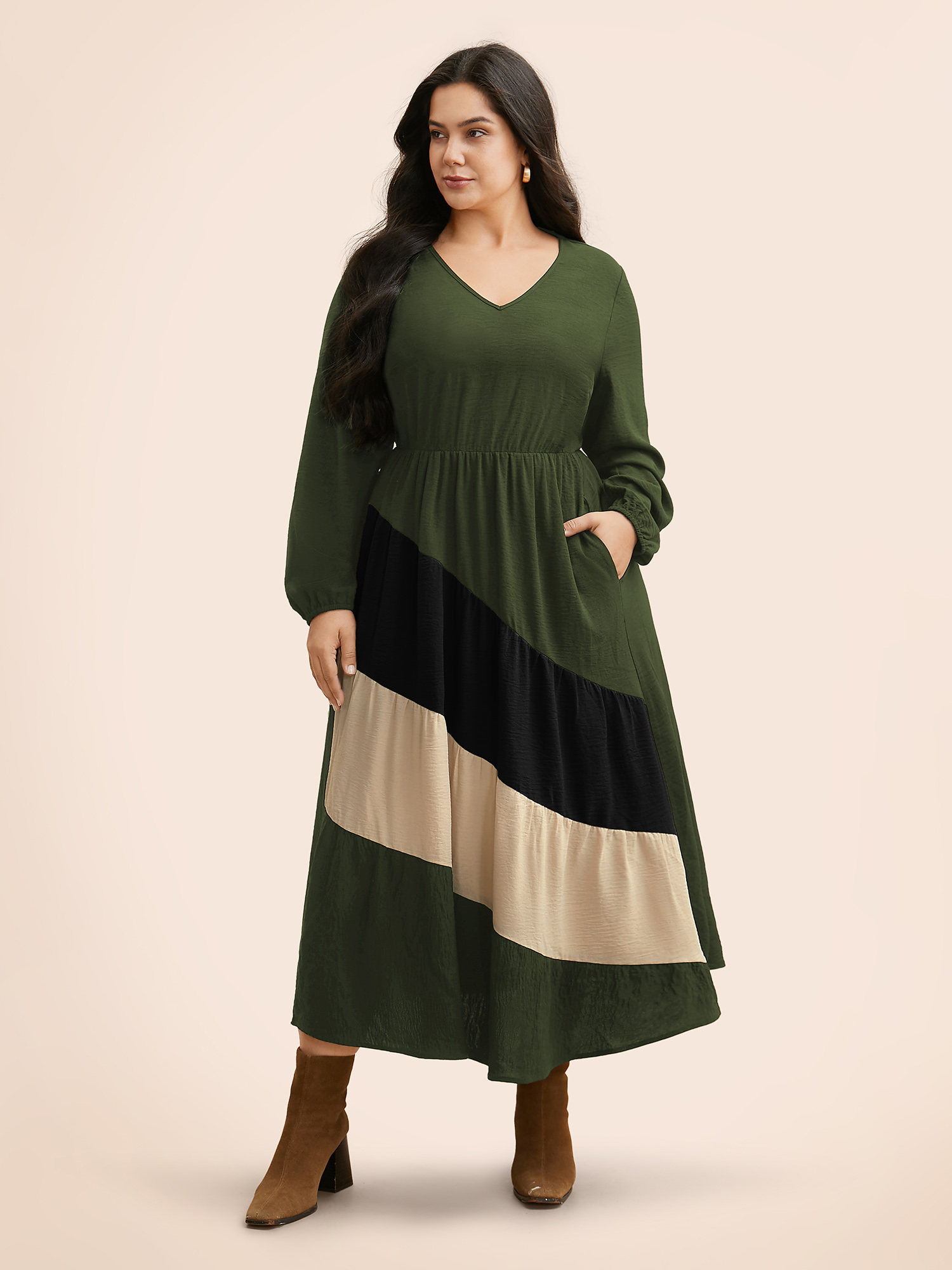 Plus Size Colorblock Contrast Gathered Lantern Sleeve Dress ArmyGreen Women Elegant Contrast V-neck Long Sleeve Curvy BloomChic 30/6X 