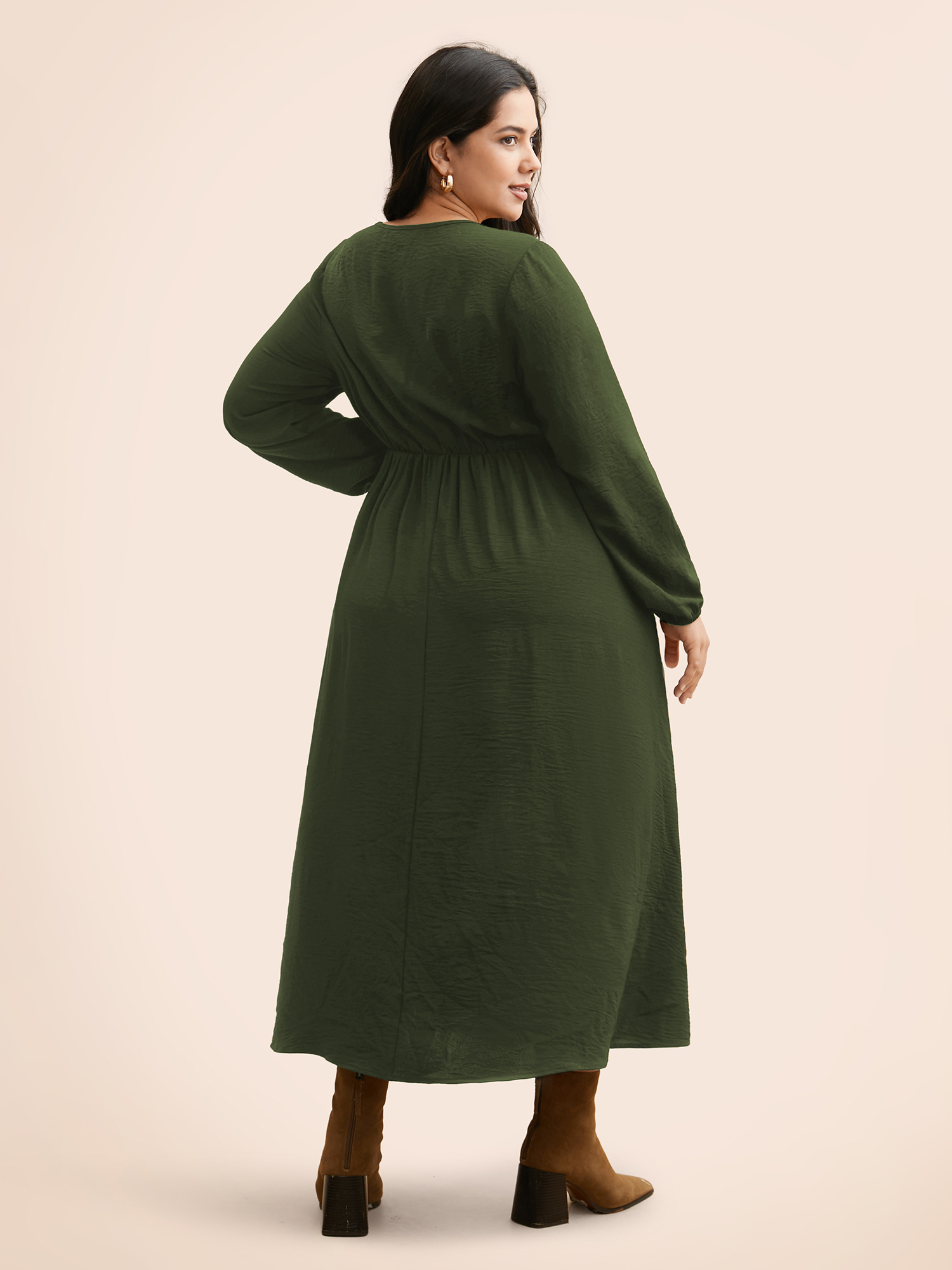 Plus Size Colorblock Contrast Gathered Lantern Sleeve Dress ArmyGreen Women Elegant Contrast V-neck Long Sleeve Curvy BloomChic 30/6X 
