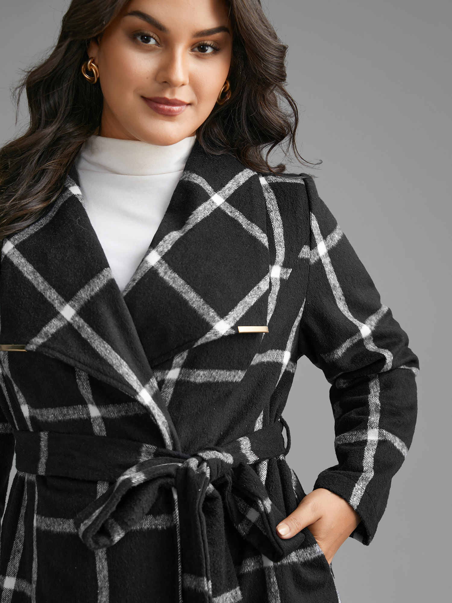 

Plus Size Plaid Lapel Collar Belted Jacket Women Black Belted Slanted pocket Belt Everyday Jackets BloomChic