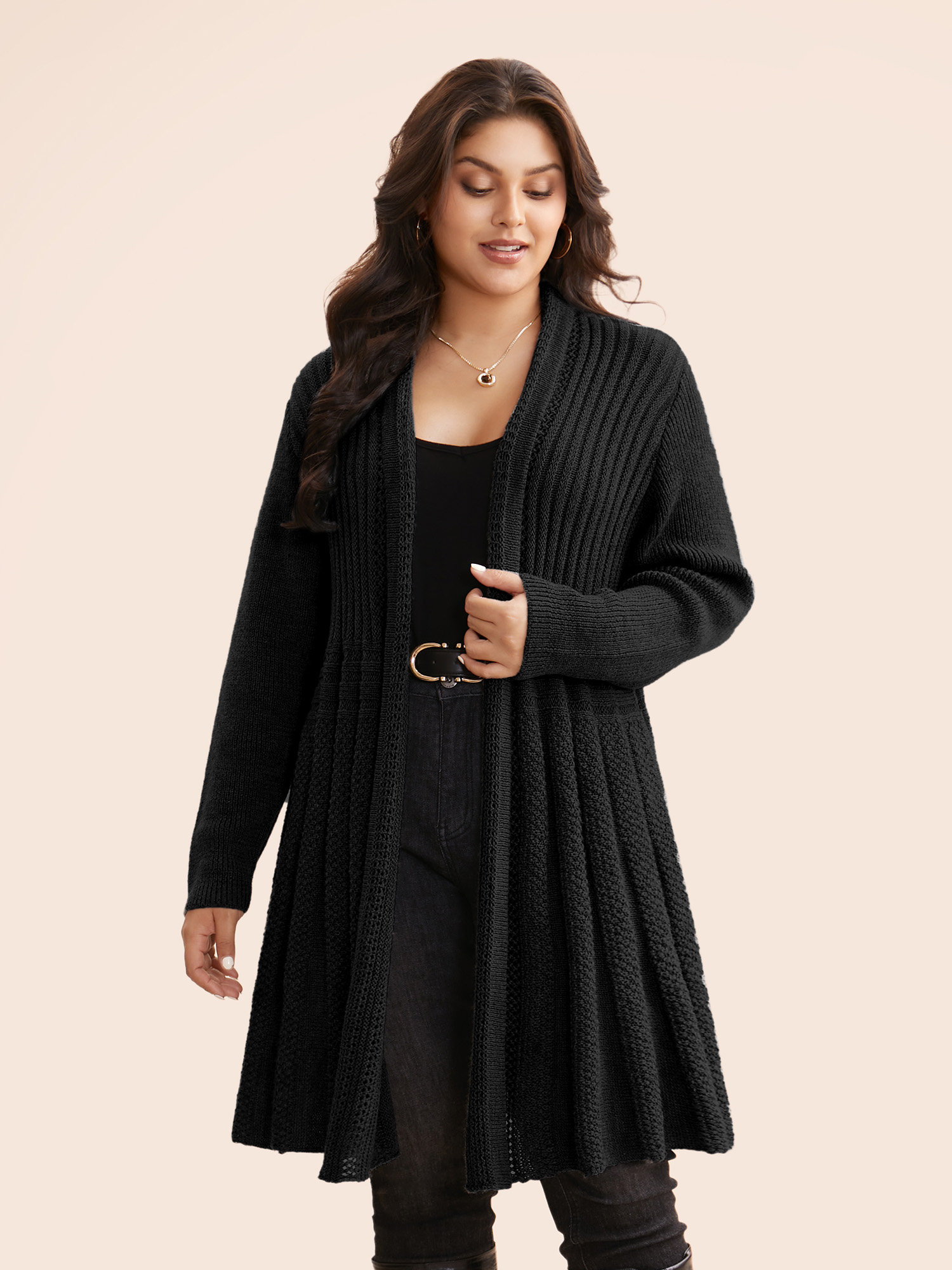 

Plus Size Plain Textured Kimono Collar Cardigan Black Women Casual Loose Long Sleeve Everyday Cardigans BloomChic