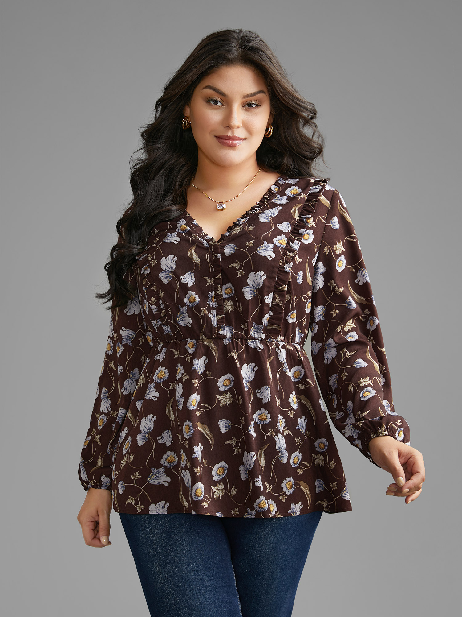 

Plus Size DarkBrown Floral Lantern Sleeve Frill Trim Blouse Women Elegant Long Sleeve V-neck Everyday Blouses BloomChic