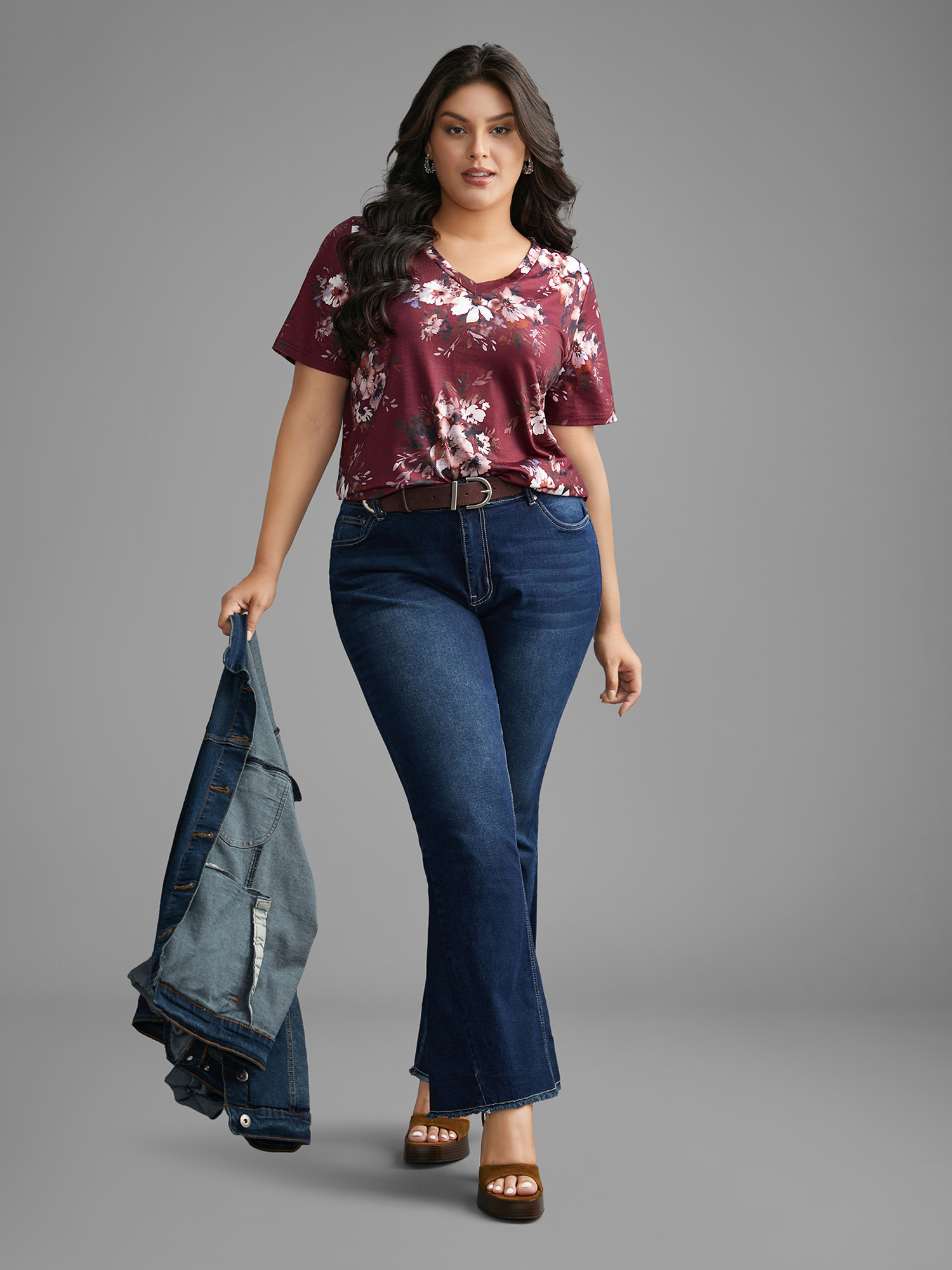 Plus Size Floral Print V Neck Stretchy T-shirt Deepred Women Elegant Non Natural Flowers V-neck Everyday T-shirts BloomChic 18-20/2X 