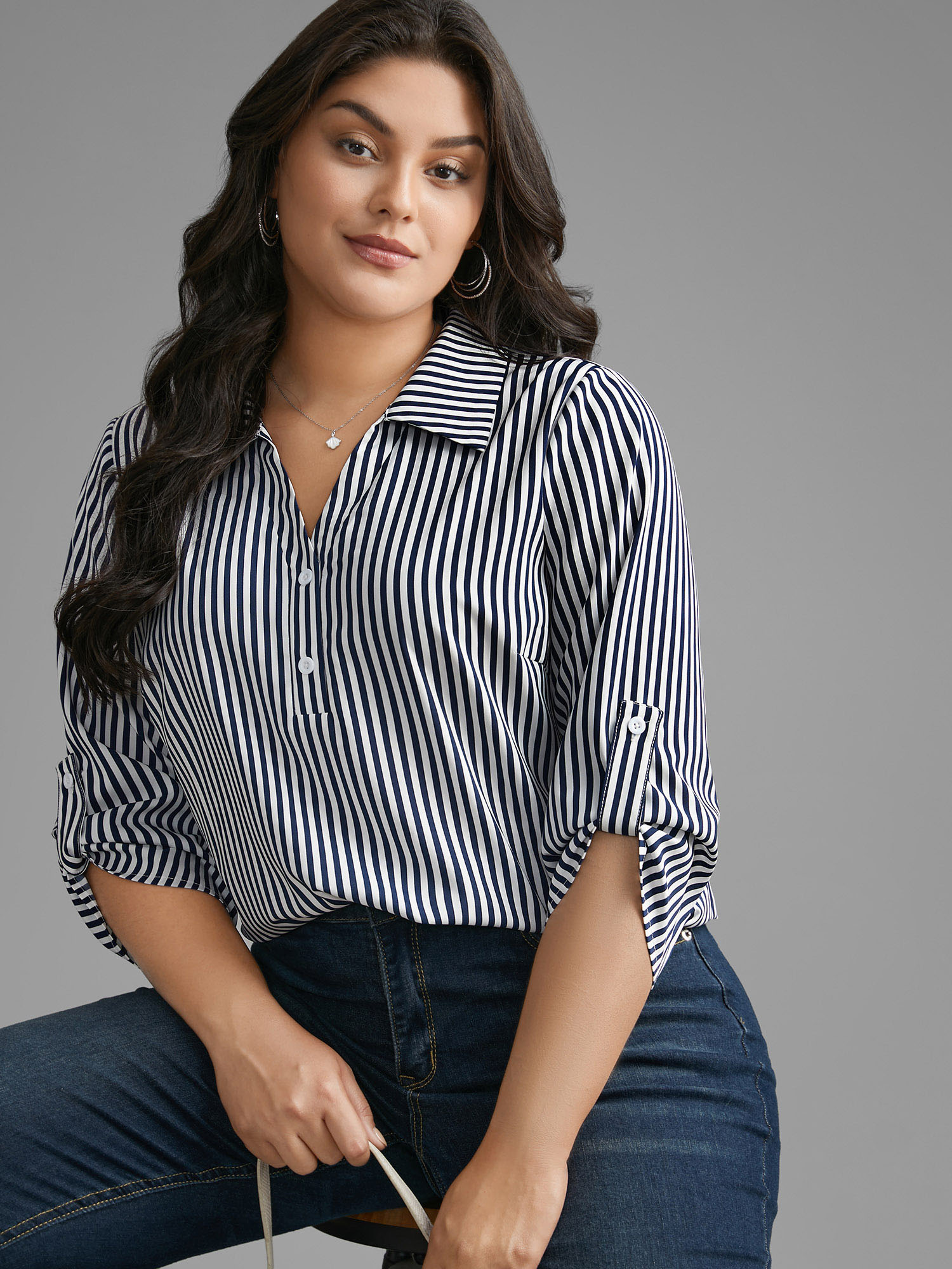 

Plus Size Indigo Striped Button Cuff Sleeve Split Hem Blouse Women At the Office Elbow-length sleeve Shirt collar Work Blouses BloomChic