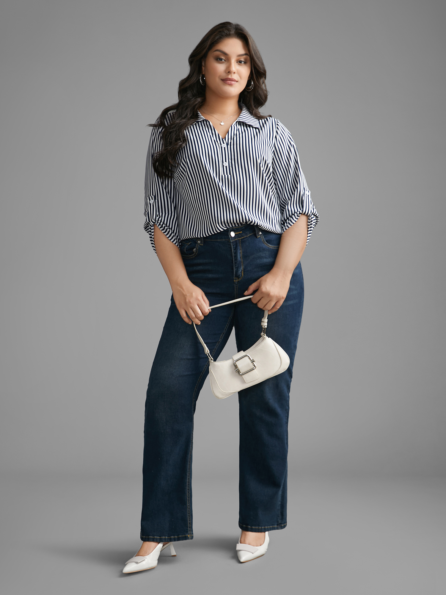 

Plus Size Indigo Striped Button Cuff Sleeve Split Hem Blouse Women At the Office Elbow-length sleeve Shirt collar Work Blouses BloomChic