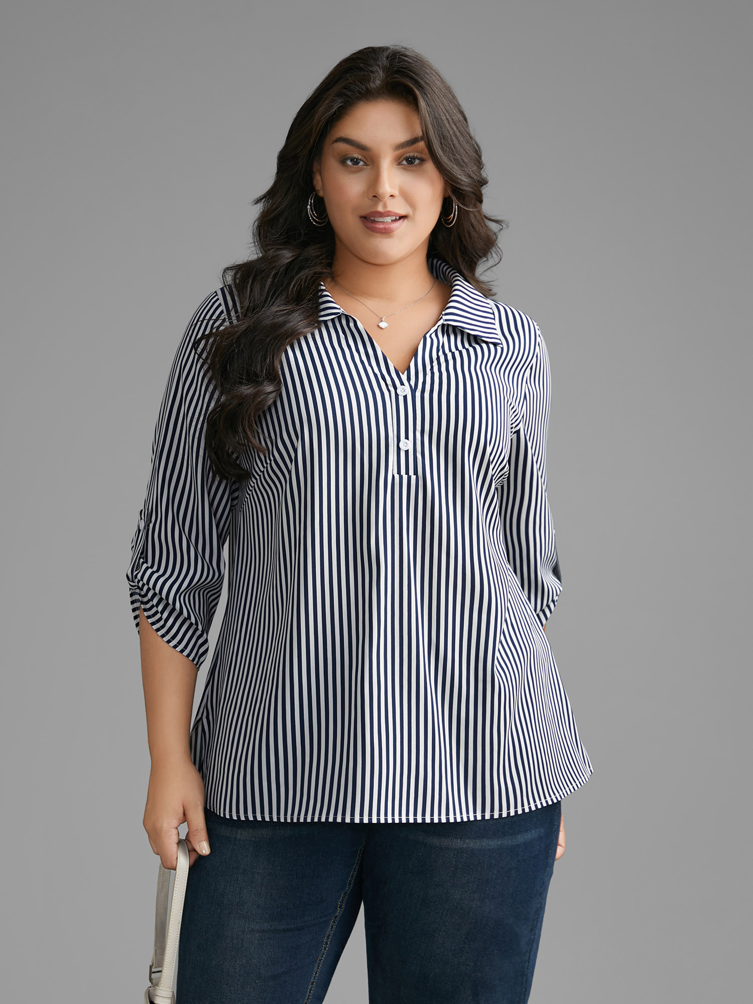 Plus Size Indigo Striped Button Cuff Sleeve Split Hem Blouse Women At the Office Elbow-length sleeve Shirt collar Work Blouses BloomChic 18-20/2X 