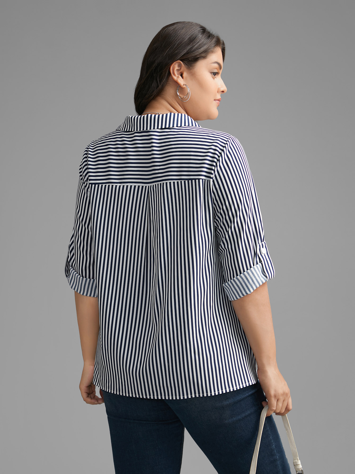 Plus Size Indigo Striped Button Cuff Sleeve Split Hem Blouse Women At the Office Elbow-length sleeve Shirt collar Work Blouses BloomChic 18-20/2X 