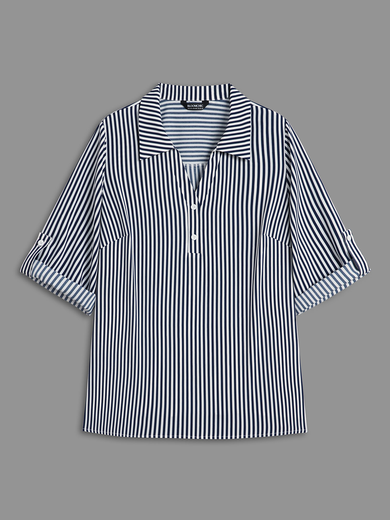 Plus Size Indigo Striped Button Cuff Sleeve Split Hem Blouse Women At the Office Elbow-length sleeve Shirt collar Work Blouses BloomChic 18-20/2X 