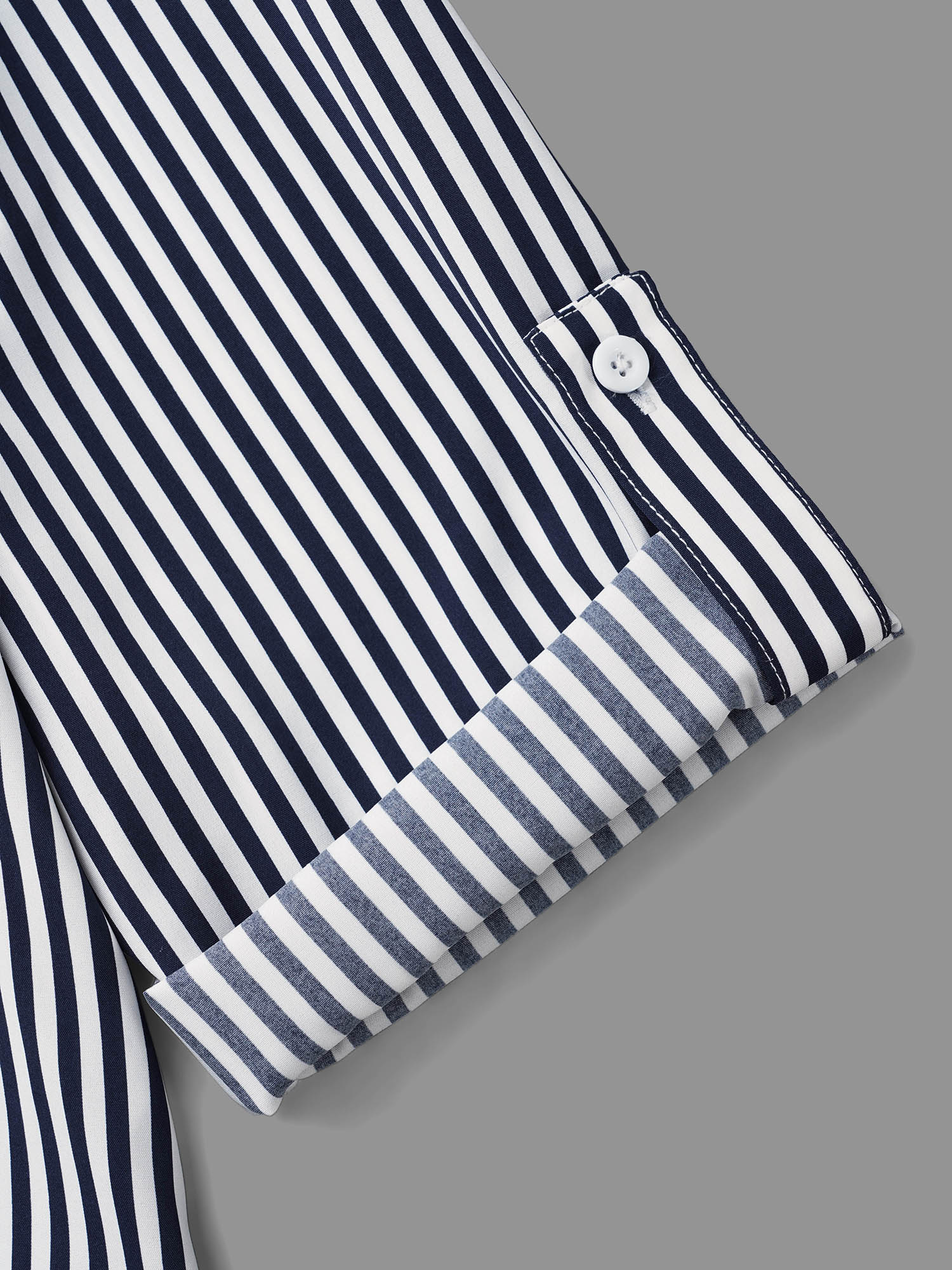Plus Size Indigo Striped Button Cuff Sleeve Split Hem Blouse Women At the Office Elbow-length sleeve Shirt collar Work Blouses BloomChic 18-20/2X 