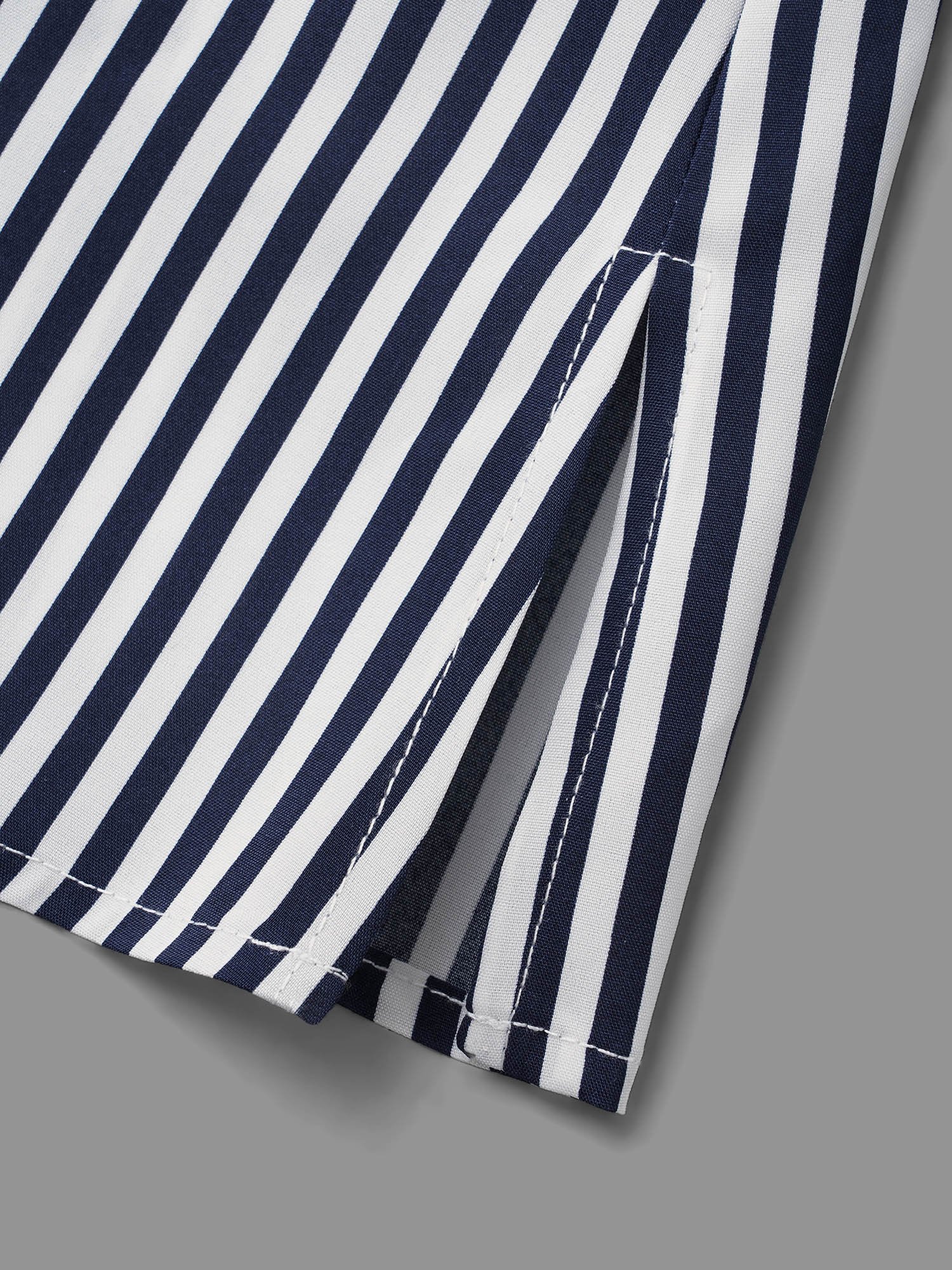 Plus Size Indigo Striped Button Cuff Sleeve Split Hem Blouse Women At the Office Elbow-length sleeve Shirt collar Work Blouses BloomChic 18-20/2X 