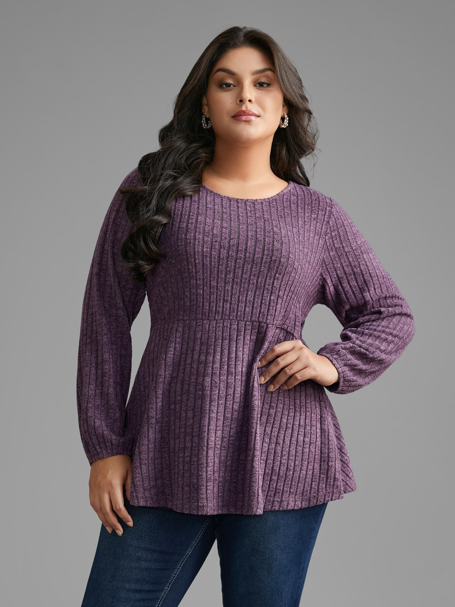 

Plus Size Round Neck Rib Knit Jersey Top Mauve Round Neck Long Sleeve Elegant Jersey Tops