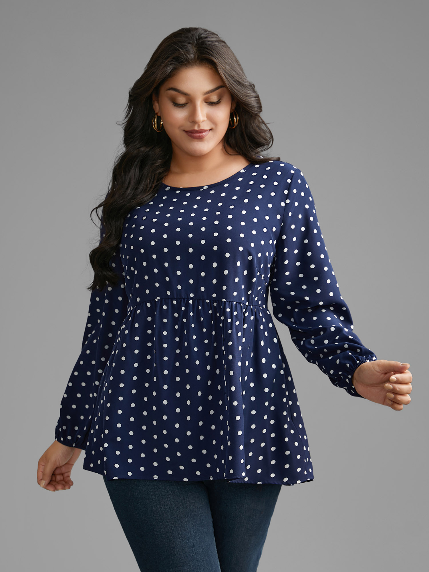 

Plus Size Indigo Polka Dot Gathered Lantern Sleeve Blouse Women Elegant Long Sleeve Round Neck Everyday Blouses BloomChic