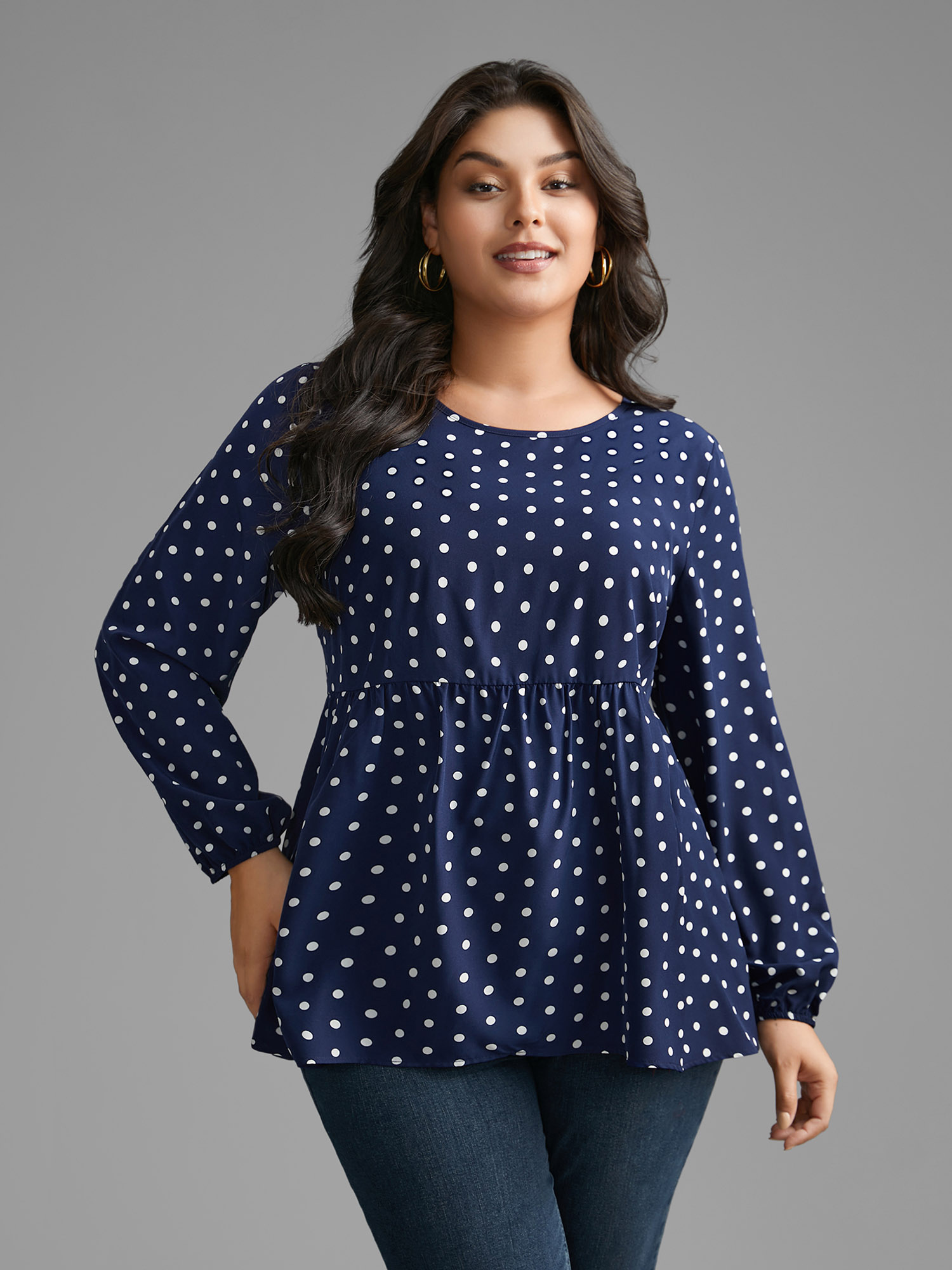 

Plus Size Indigo Polka Dot Gathered Lantern Sleeve Blouse Women Elegant Long Sleeve Round Neck Everyday Blouses BloomChic