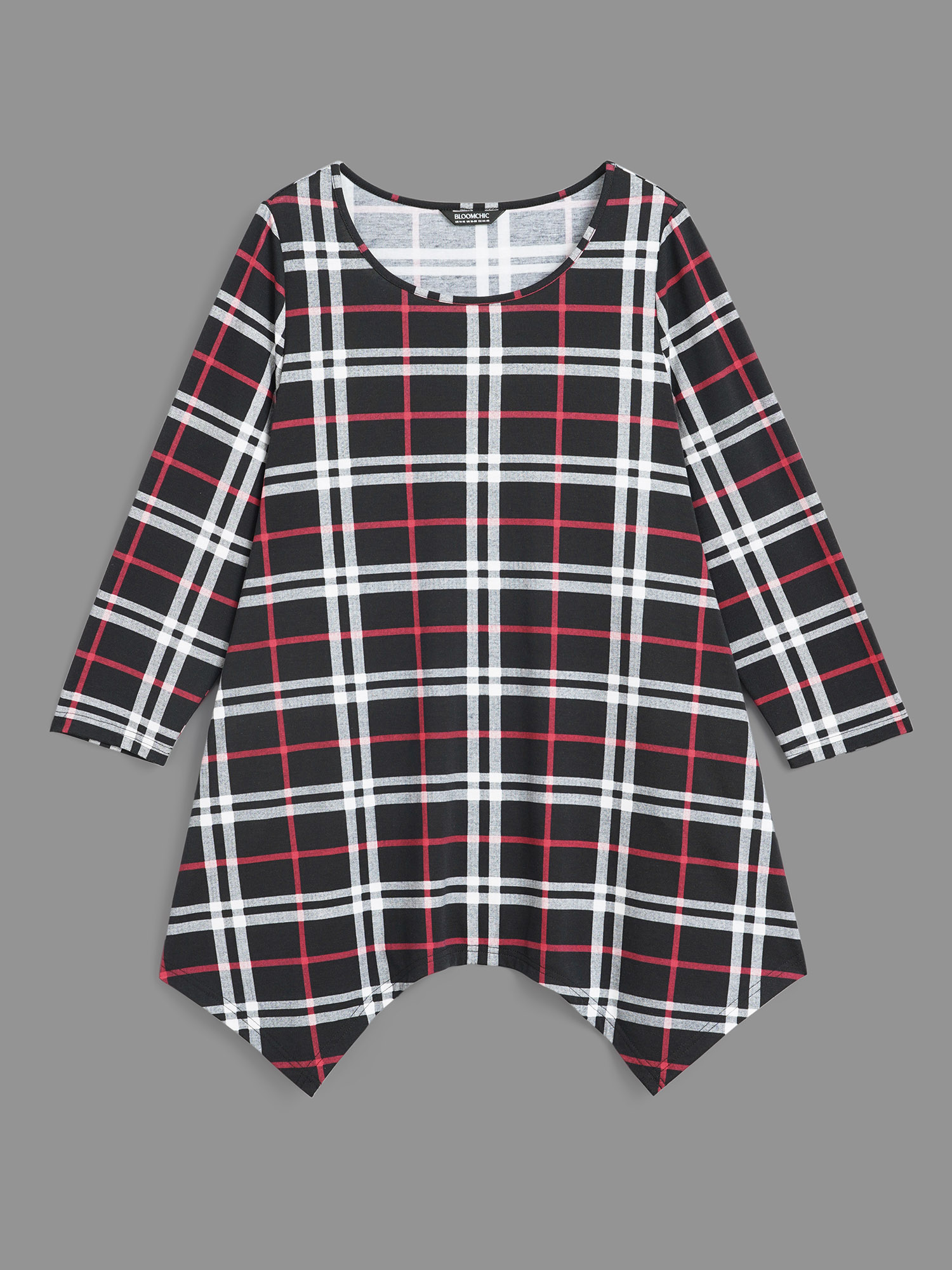 Plus Size Plaid Asymmetrical Hem Pocket T-shirt Black Women Casual Asymmetrical Round Neck Loose Everyday T-shirts BloomChic 22-24/3X 