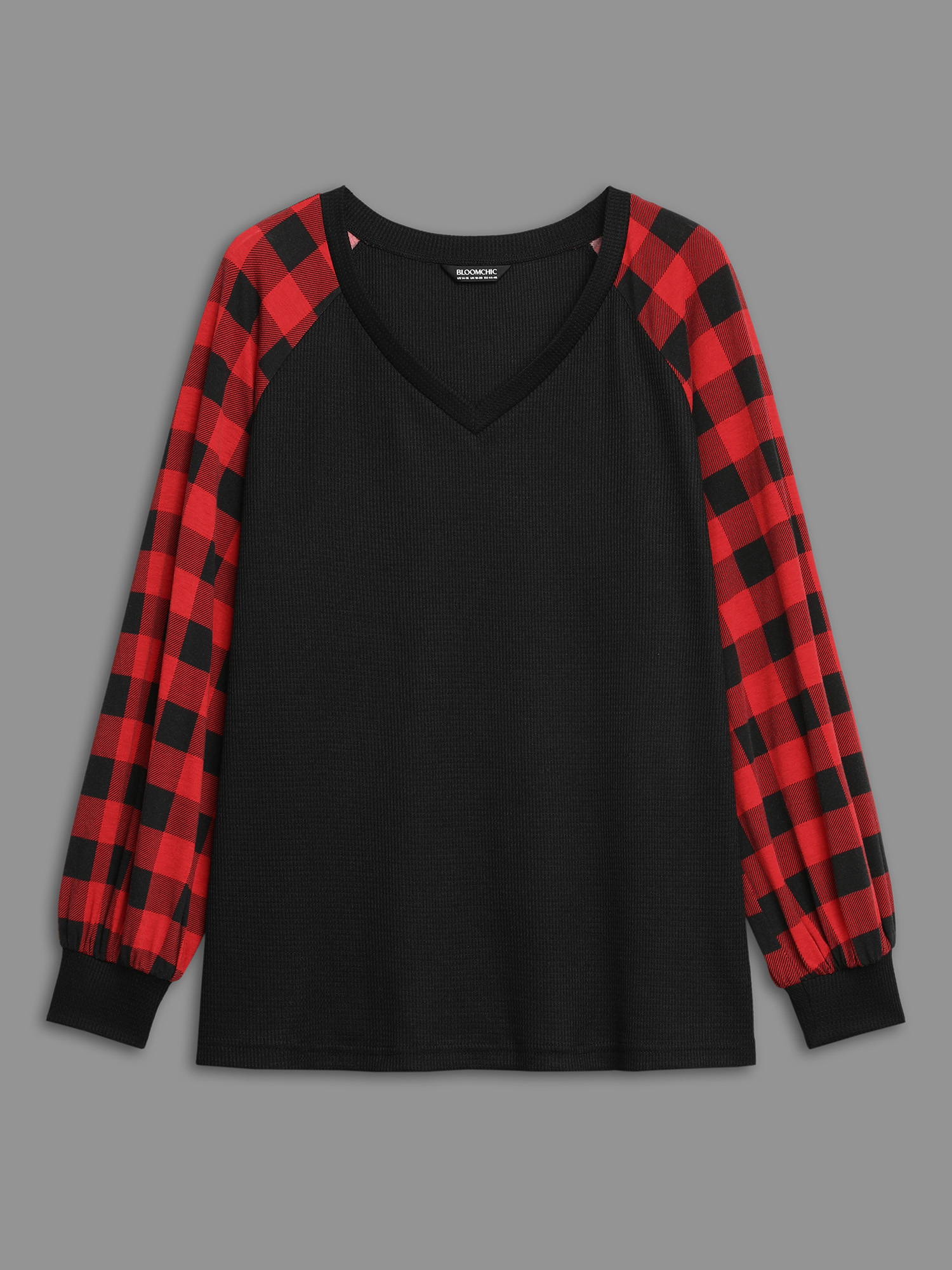 

Plus Size V Neck Plaid Patchwork Contrast T-shirt Black Women Casual Contrast V-neck Everyday T-shirts BloomChic