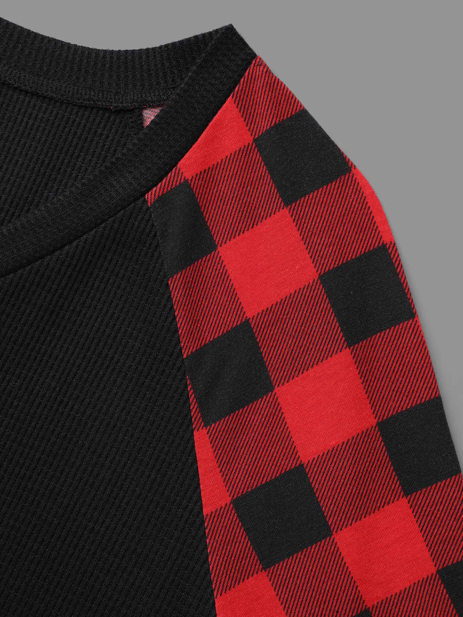 Plus Size V Neck Plaid Patchwork Contrast T-shirt Black Women Casual Contrast V-neck Everyday T-shirts BloomChic 22-24/3X 