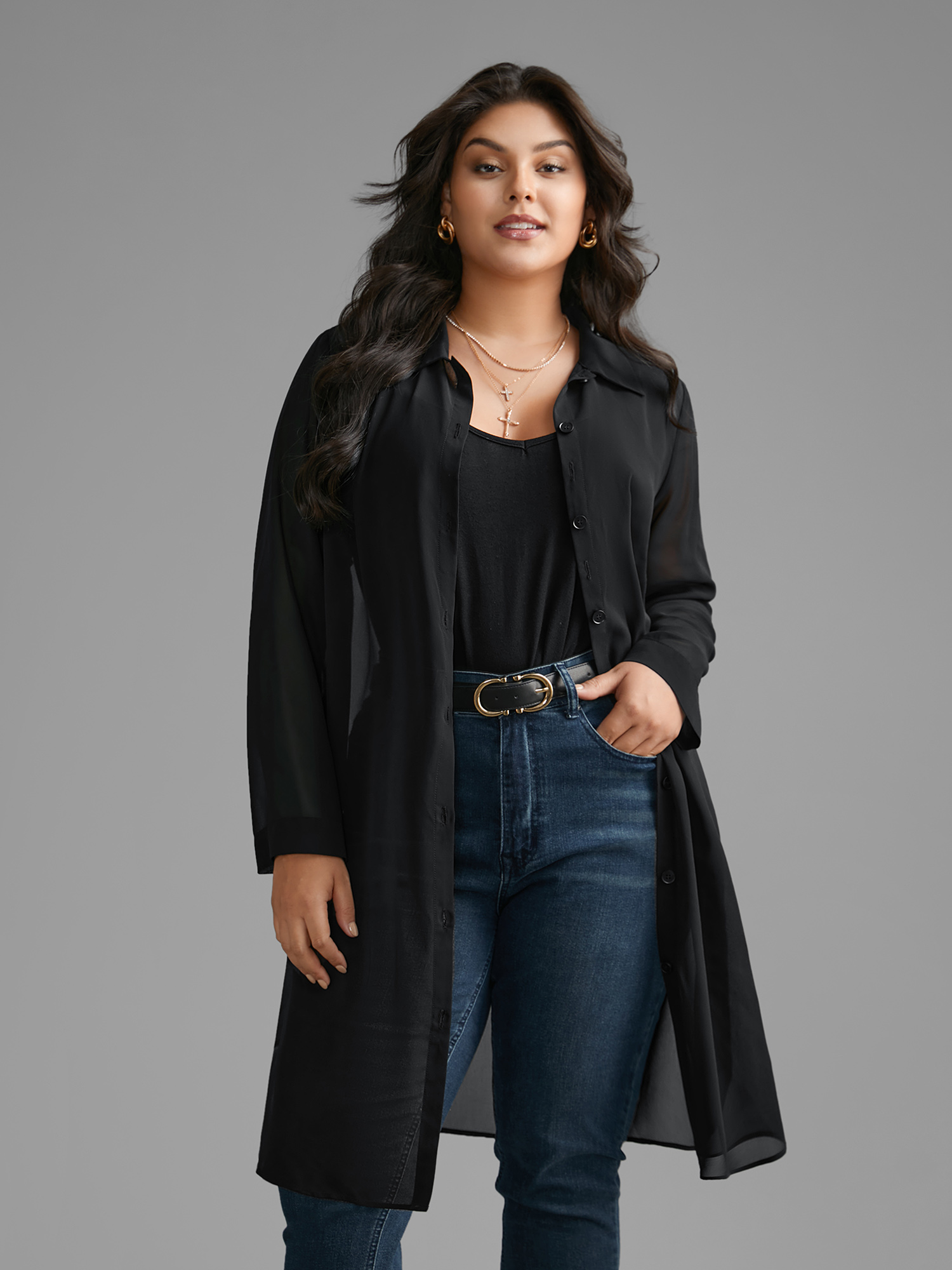 

Plus Size Black Chiffon Mesh Pleated Tunic Blouse Women Elegant Long Sleeve Shirt collar Everyday Blouses BloomChic