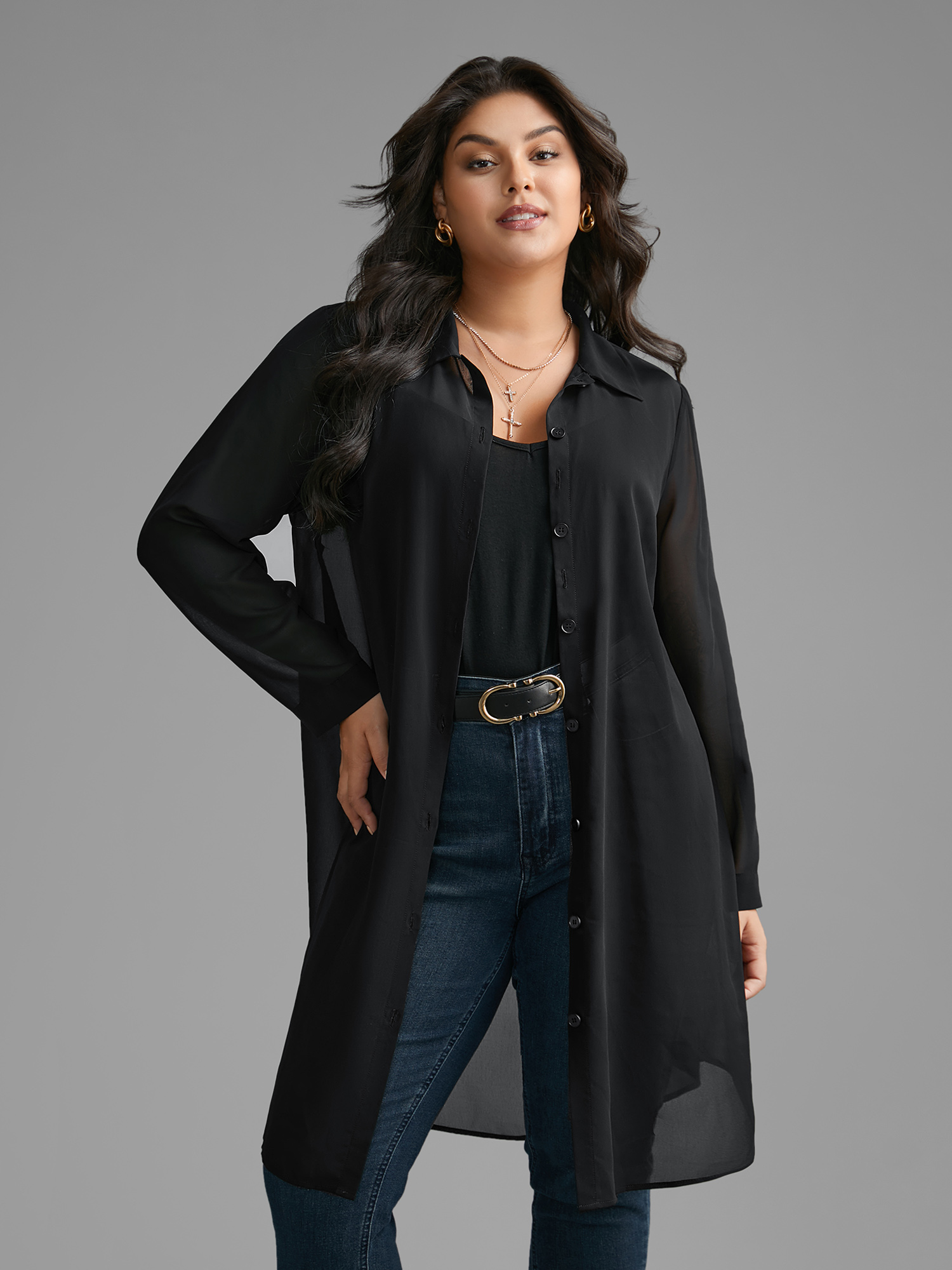 Plus Size Black Chiffon Mesh Pleated Tunic Blouse Women Elegant Long Sleeve Shirt collar Everyday Blouses BloomChic 14-16/1X 