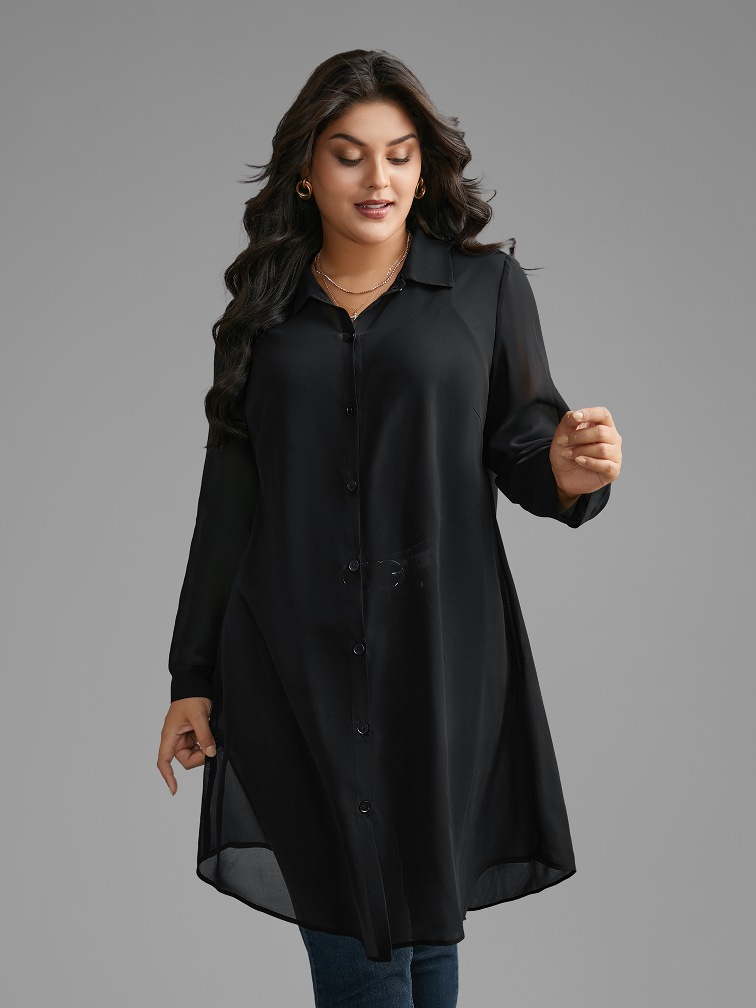 Plus Size Black Chiffon Mesh Pleated Tunic Blouse Women Elegant Long Sleeve Shirt collar Everyday Blouses BloomChic 14-16/1X 